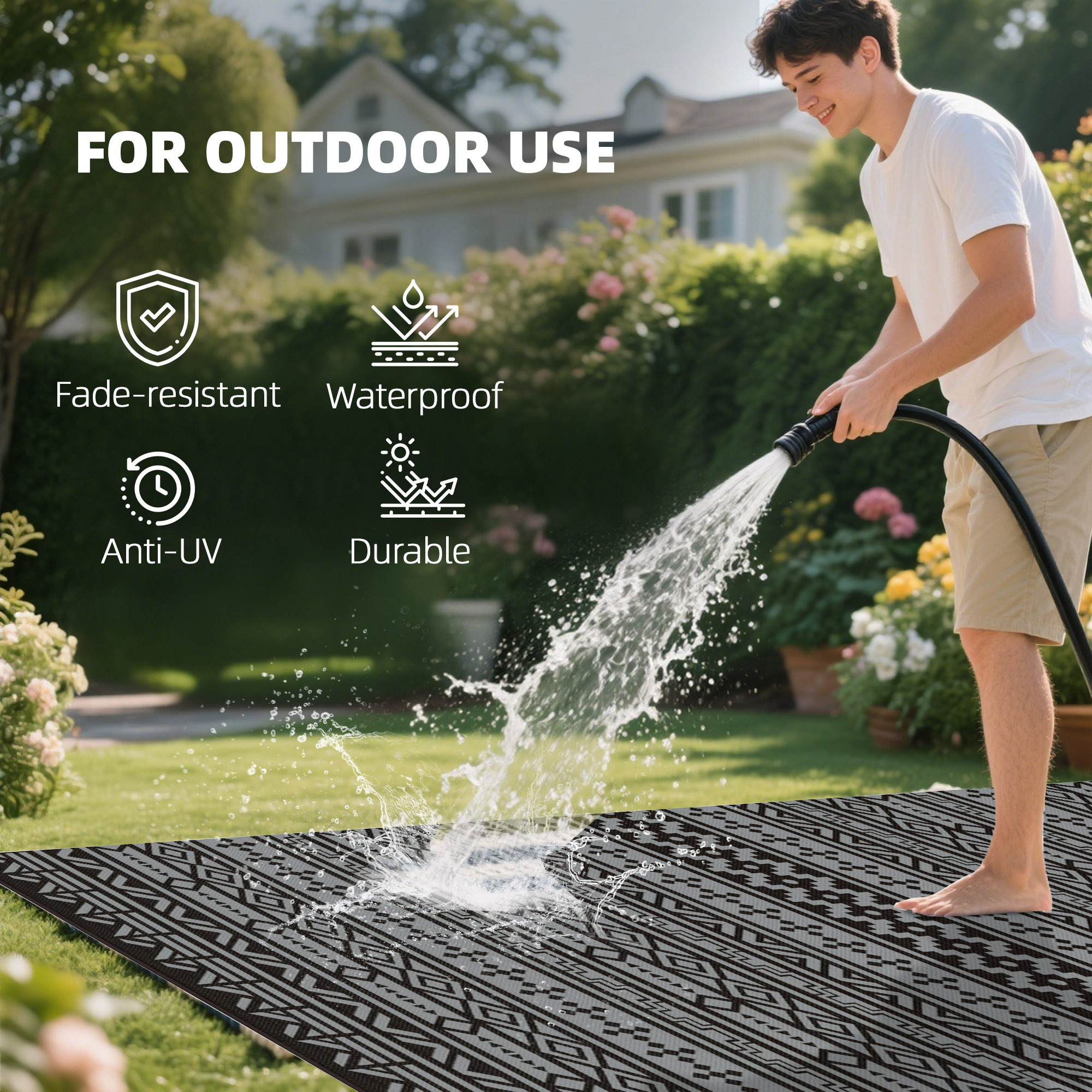 Reversible Outdoor Rug, Waterproof Plastic Straw With Carry Bag, 9 X 18, Black & Gray Geometric Wall - Image 4