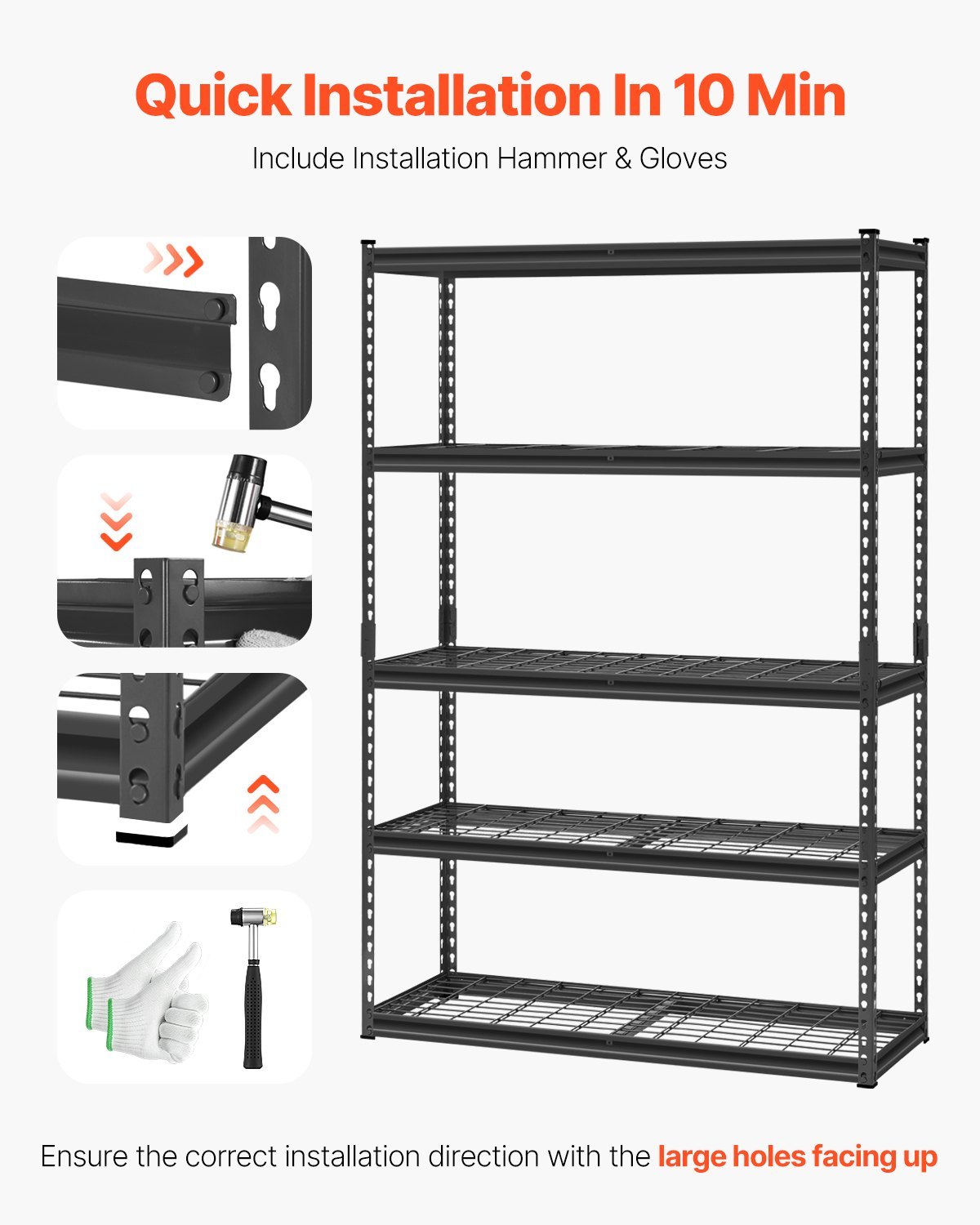 Storage Shelves, 2500 Lbs, 5 Tier Heavy Duty Garage Shelving, 18" D X 48" W X 72" H Adjustable Metal Shelves For Industrial Shelving Unit Utility Shelf, For Kitchen, Warehouse, Basement, Black - Image 5