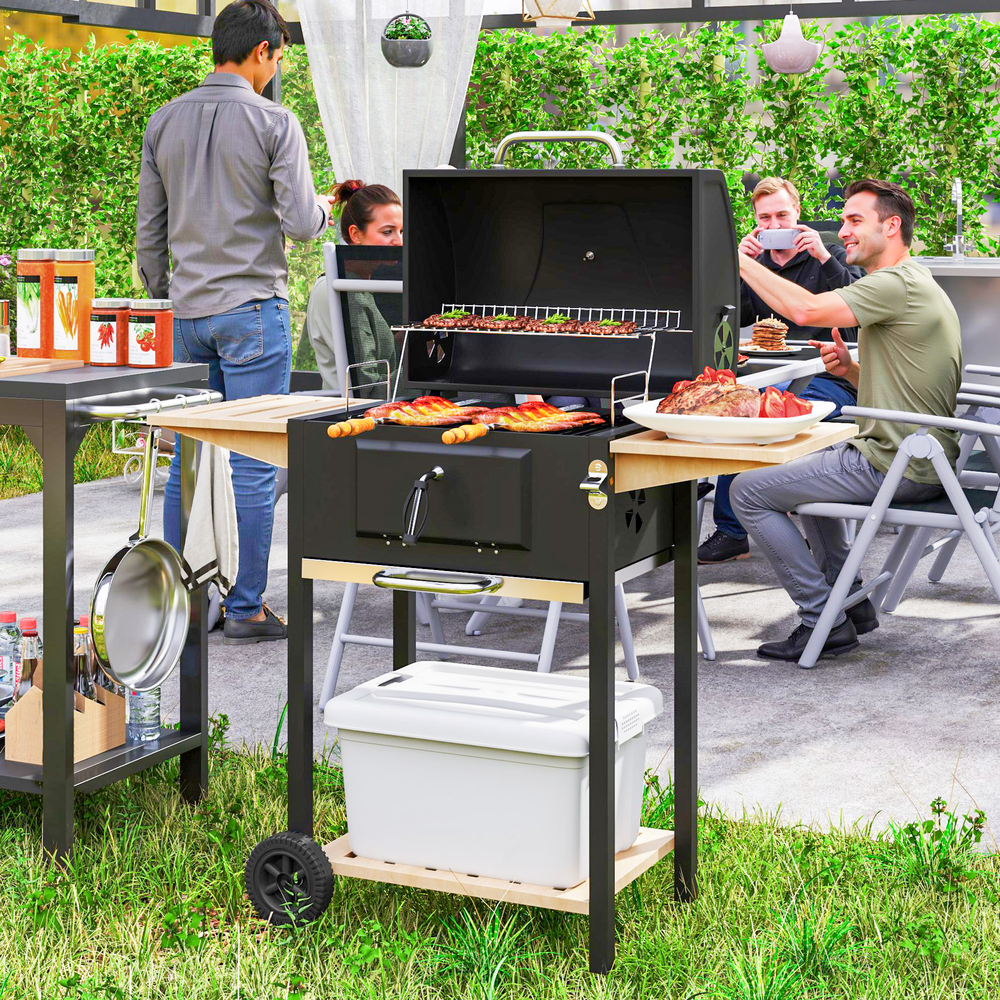 Charcoal BBQ Grill With 245 Sq. In. Cooking Area, Adjustable Charcoal Pan, 3 Shelves, Thermometer, Black - Image 3