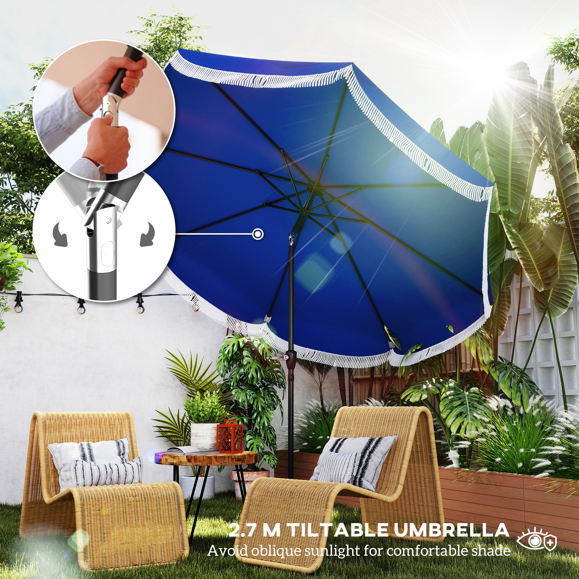 9FT Patio Umbrella,Outdoor Market Umbrella With Crank, 8 Ribs, Push Button Tilt, Vented Patio Table Umbrella For Deck Backyard Lawn, Navy Blue - Image 6