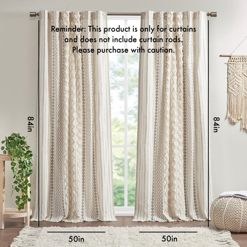 Cotton Printed Curtain Panel With Chenille Stripe And Lining Ivory 50x84 - Image 2