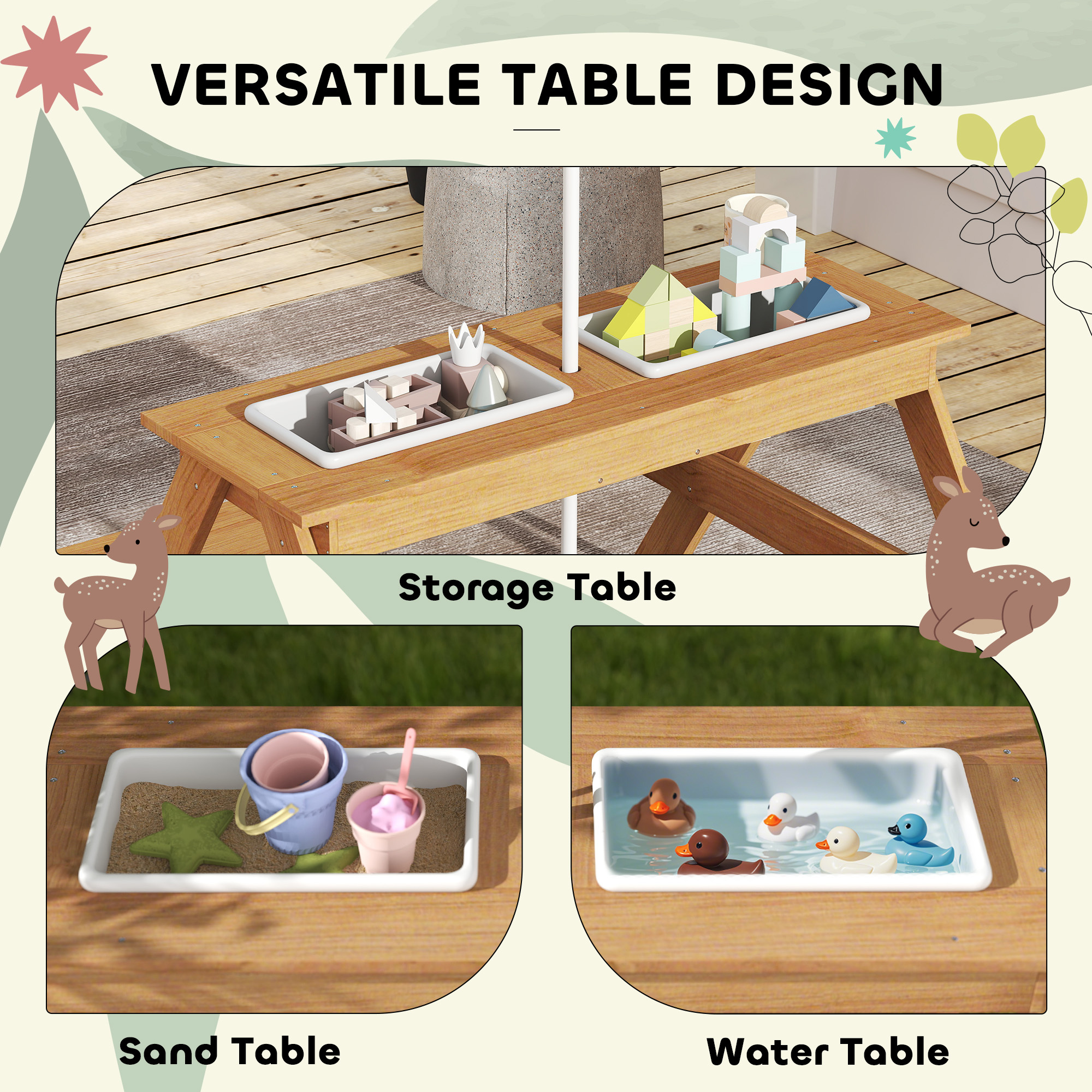 Wooden Outdoor Kids Picnic Table With Removable Umbrella, Children Sand And Water Activity Table For Patio, Mixed Color - Image 5