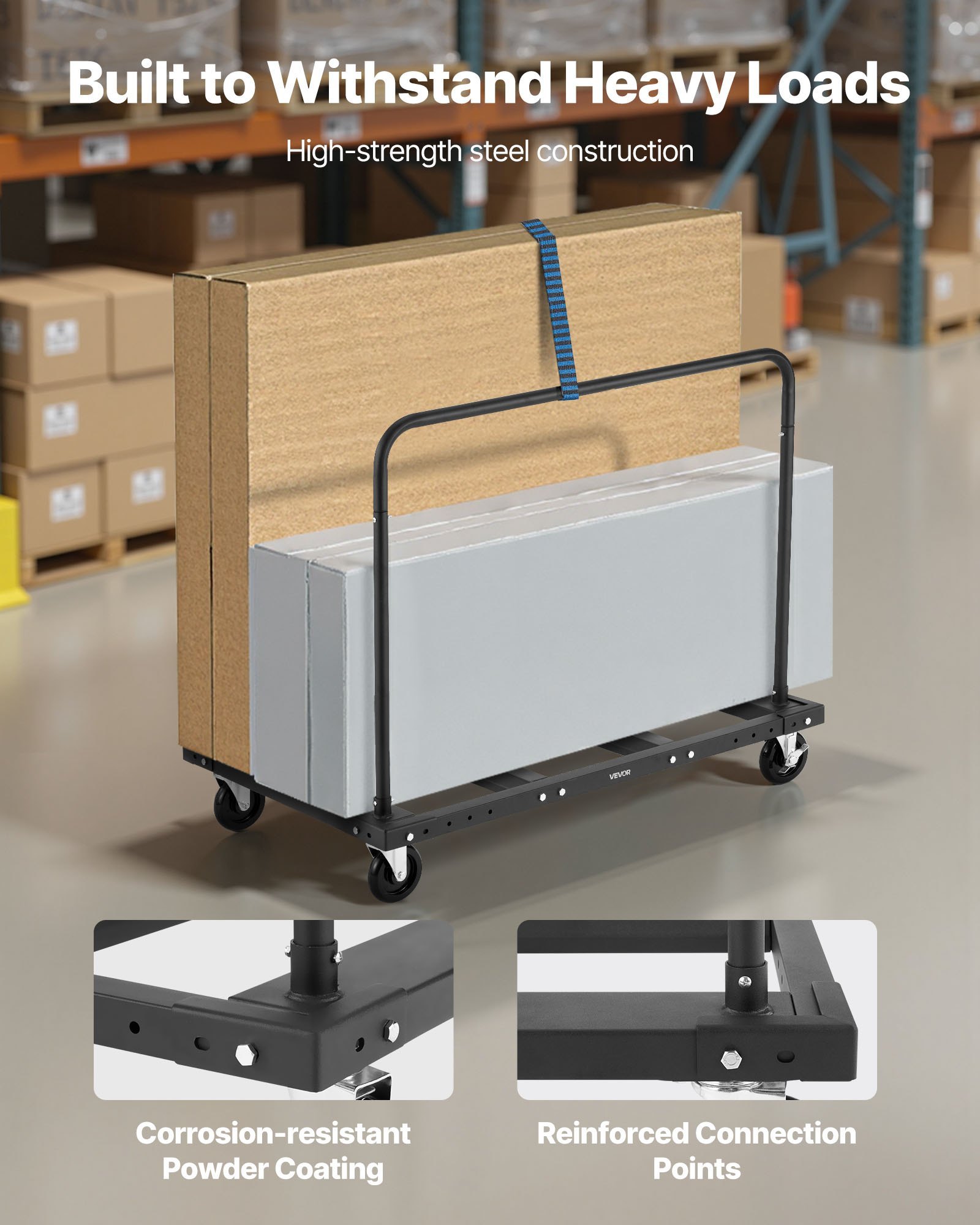 Drywall Cart Dolly, 1800 Lbs Load Capacity, Steel Panel Truck Cart With 5 Inch Swivel Casters, Lumber Drywall Dolly With Tie-Down Strap & 2 Side Handrails For Factory, Warehouse, Garage, Black - Image 2