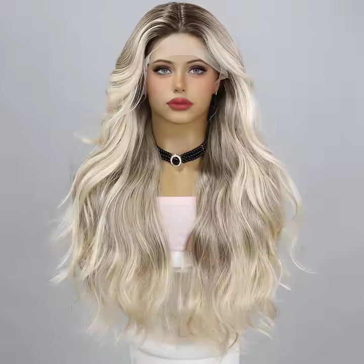 European And American Fashion T-shaped Lace Gold Gradient Wavy Curly Hair Wigs Shipped From Warehouse - Image 2