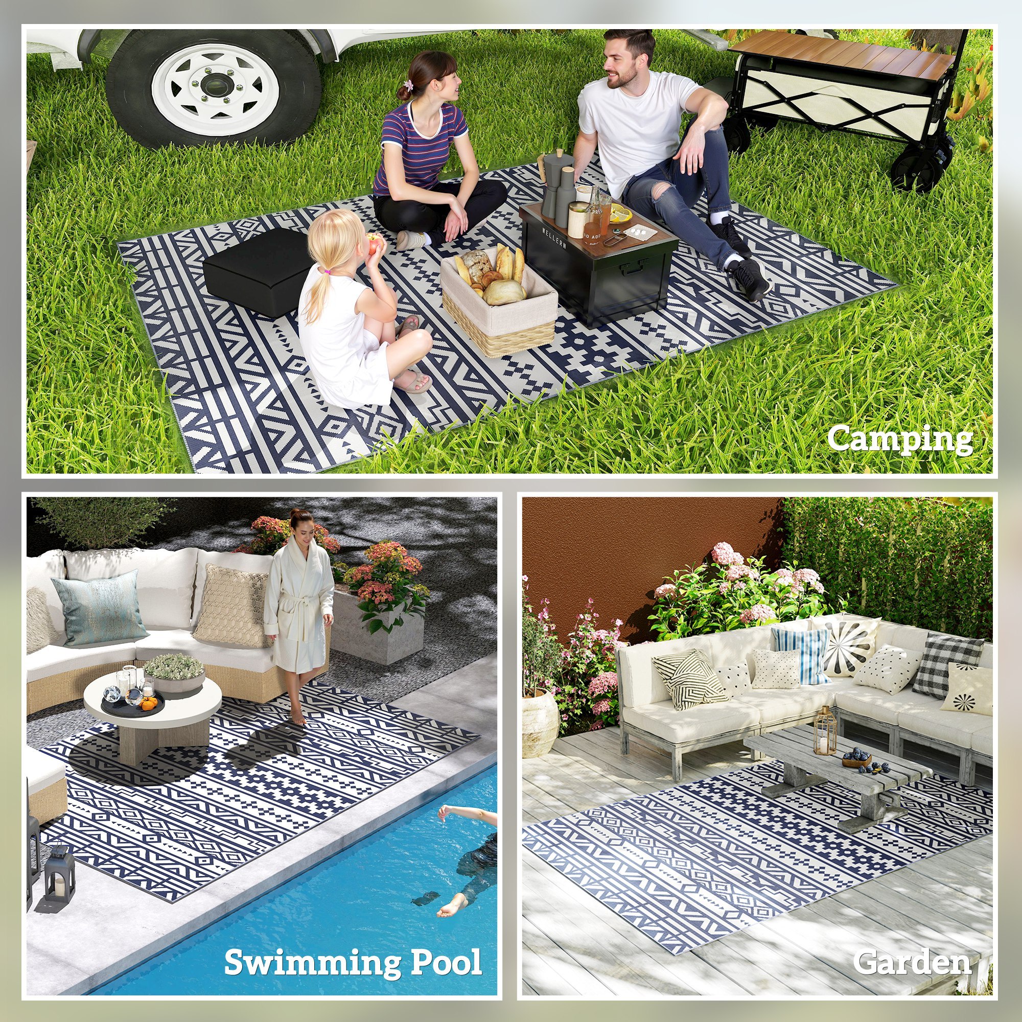 Reversible Outdoor Rug, Waterproof Plastic Straw With Carry Bag, 6 X 9, Blue White Geometric - Image 6