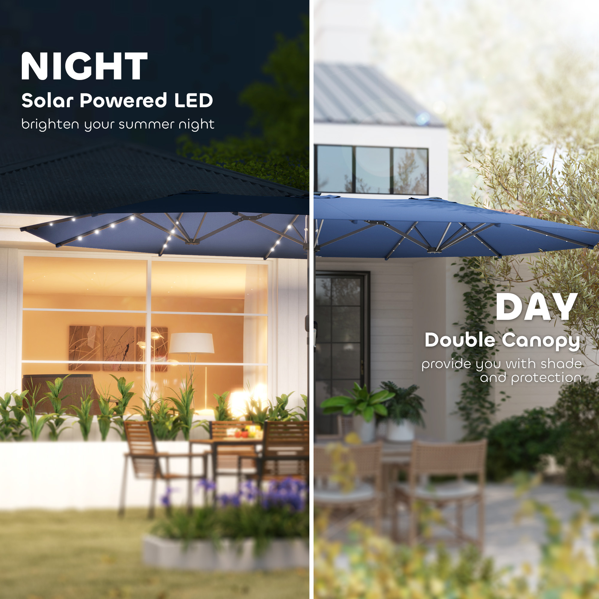Garden Parasol, Double-Sided Sun Umbrella With LED Solar Lights, Patio Parasol For Outdoor, Blue - Image 6