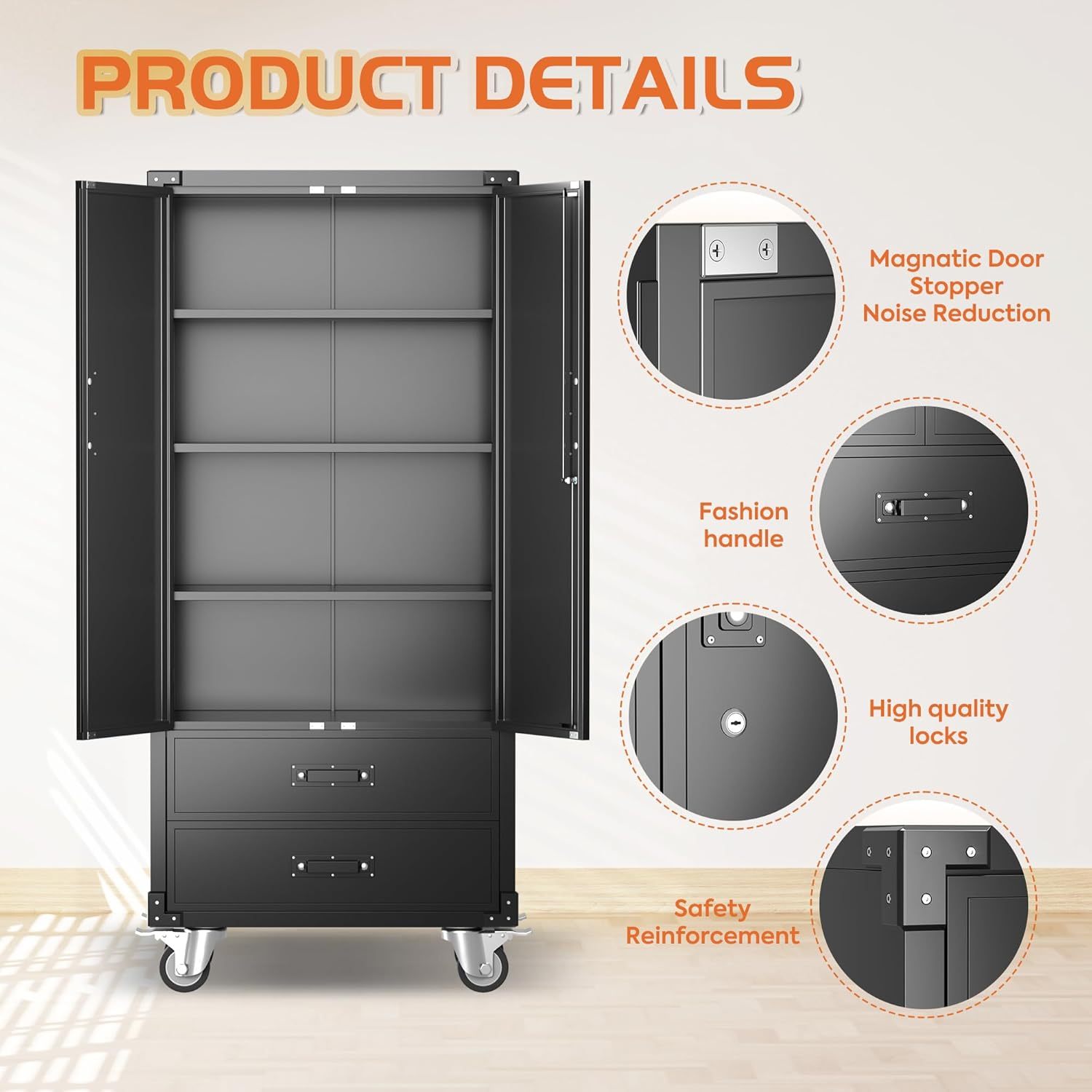 Rolling Storage Cabinet With 2 Doors And 2 Drawers, Metal Storage Cabinet With Doors And Shelves, Locking Steel Cabinet For Warehouse, Home, Office Black - Image 8