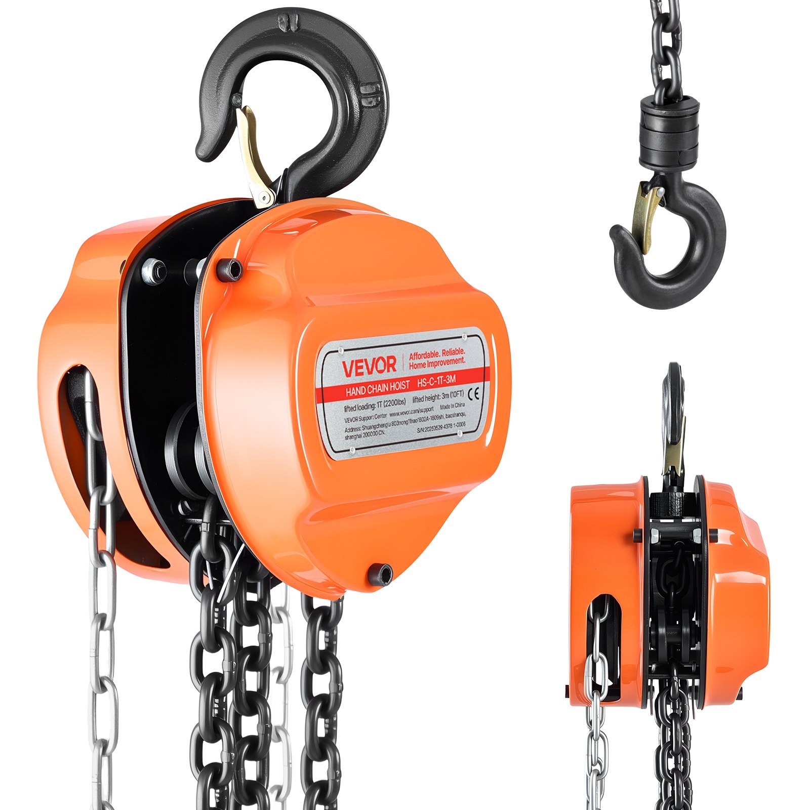 Hand Chain Hoist, 1 Ton 2200 Lbs Capacity, Manual Chain Block With Upgrade G80 Galvanized Chain, 10 Ft Lifting Height, Heavy Duty Pulley Hoist For Garage Warehouse Automotive Machinery, Orange