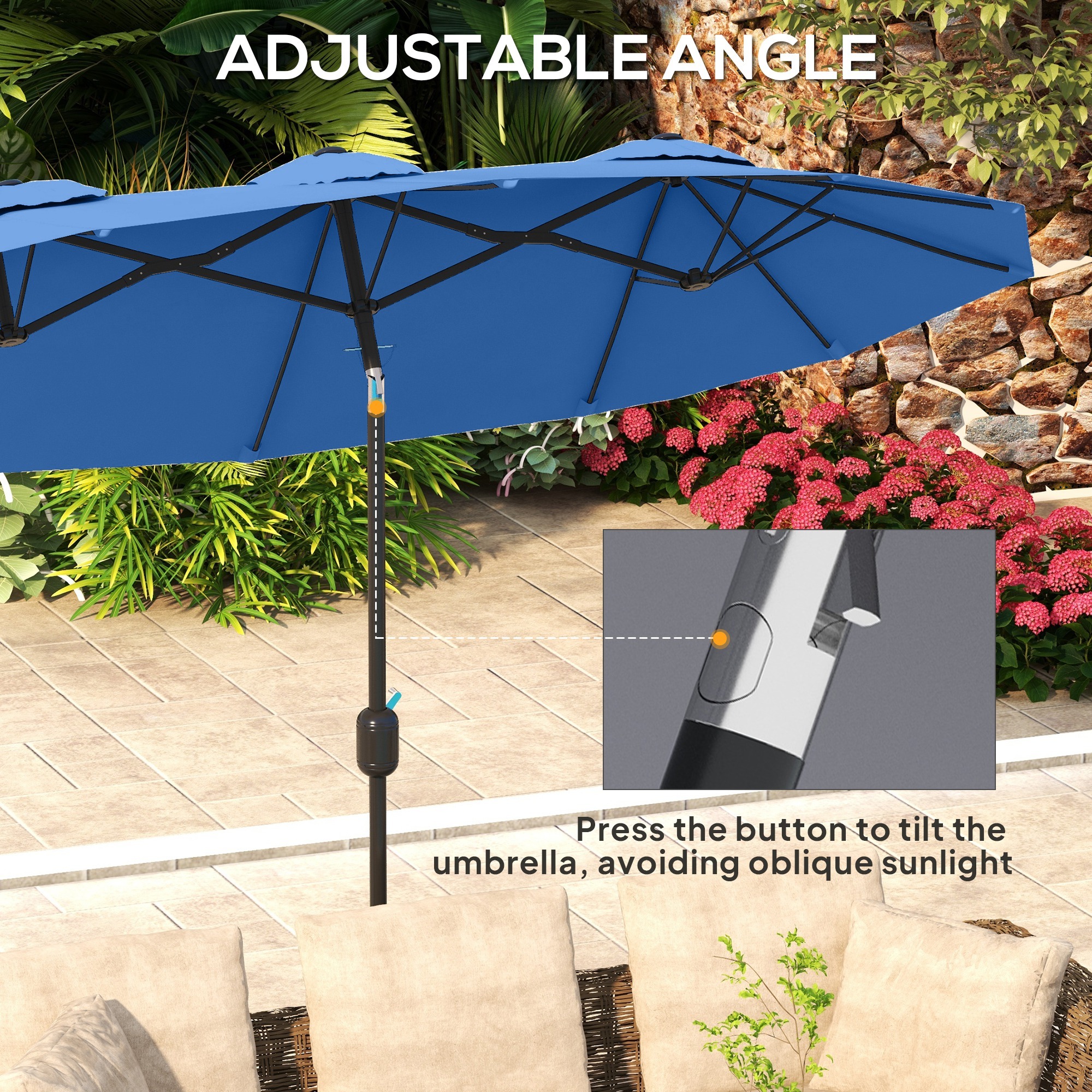 Double-sided Patio Umbrella, 9.5 Outdoor Umbrella With Push Button Tilt And Crank, 3 Air Vents And 12 Ribs, Navy Blue - Image 3