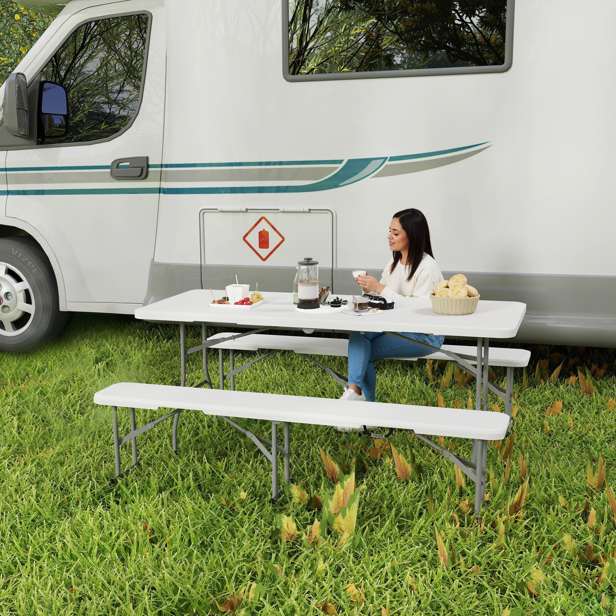 6FT 3 PCS Portable Camping Table And Chairs, Folding Picnic Table Bench Set With Carrying Handles For BBQ, Party, White - Image 2