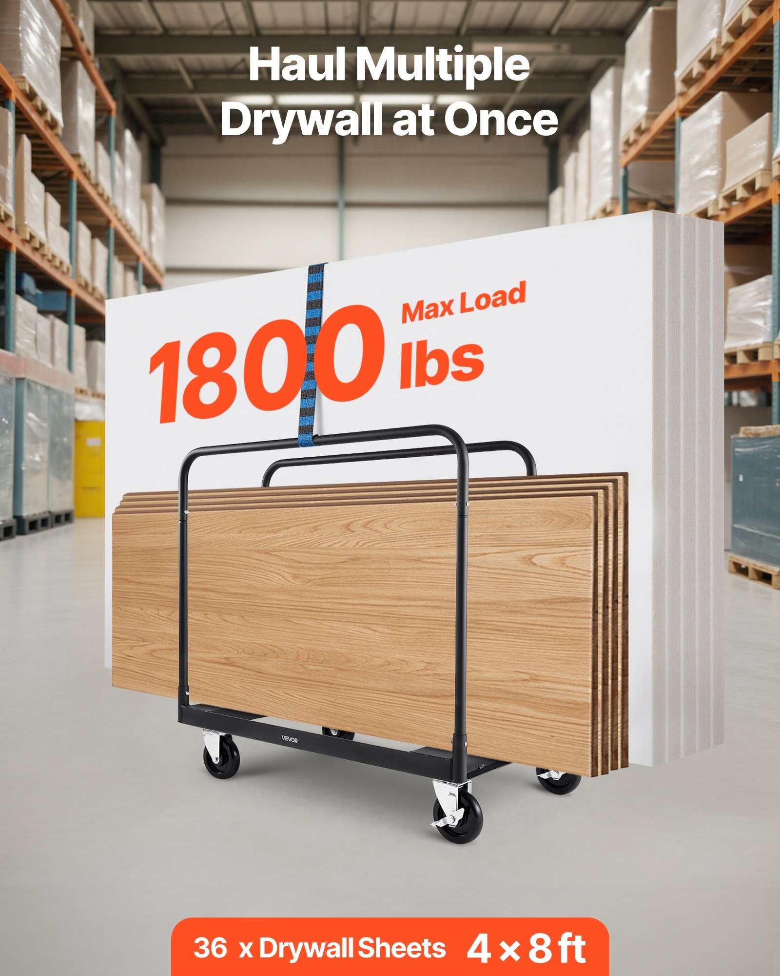Drywall Cart Dolly, 1800 Lbs Load Capacity, Steel Panel Truck Cart With 5 Inch Swivel Casters, Lumber Drywall Dolly With With Tie-Down Strap & 3 Side Handrails For Factory, Warehouse, Garage, Black - Image 4