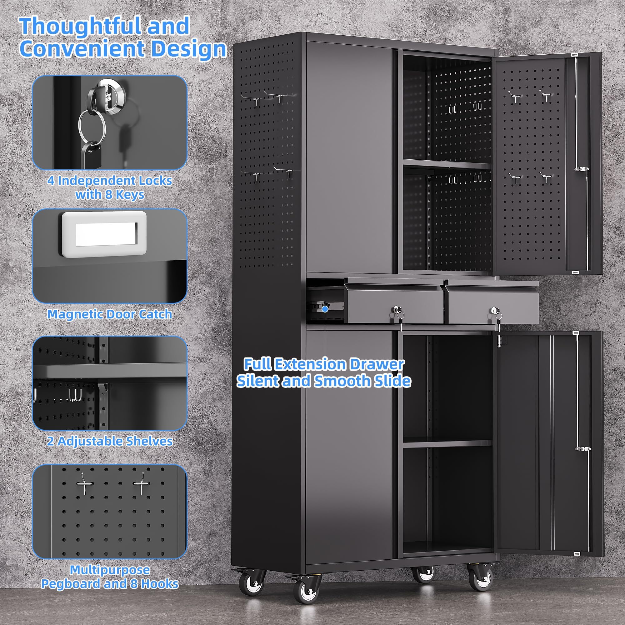 Metal Garage Storage Cabinet With 2 Drawers And 2 Adjustable Shelves, Rolling Tool Storage Cabinet With Wheels And Locking Doors For Garage, Warehouse, Black - Image 3