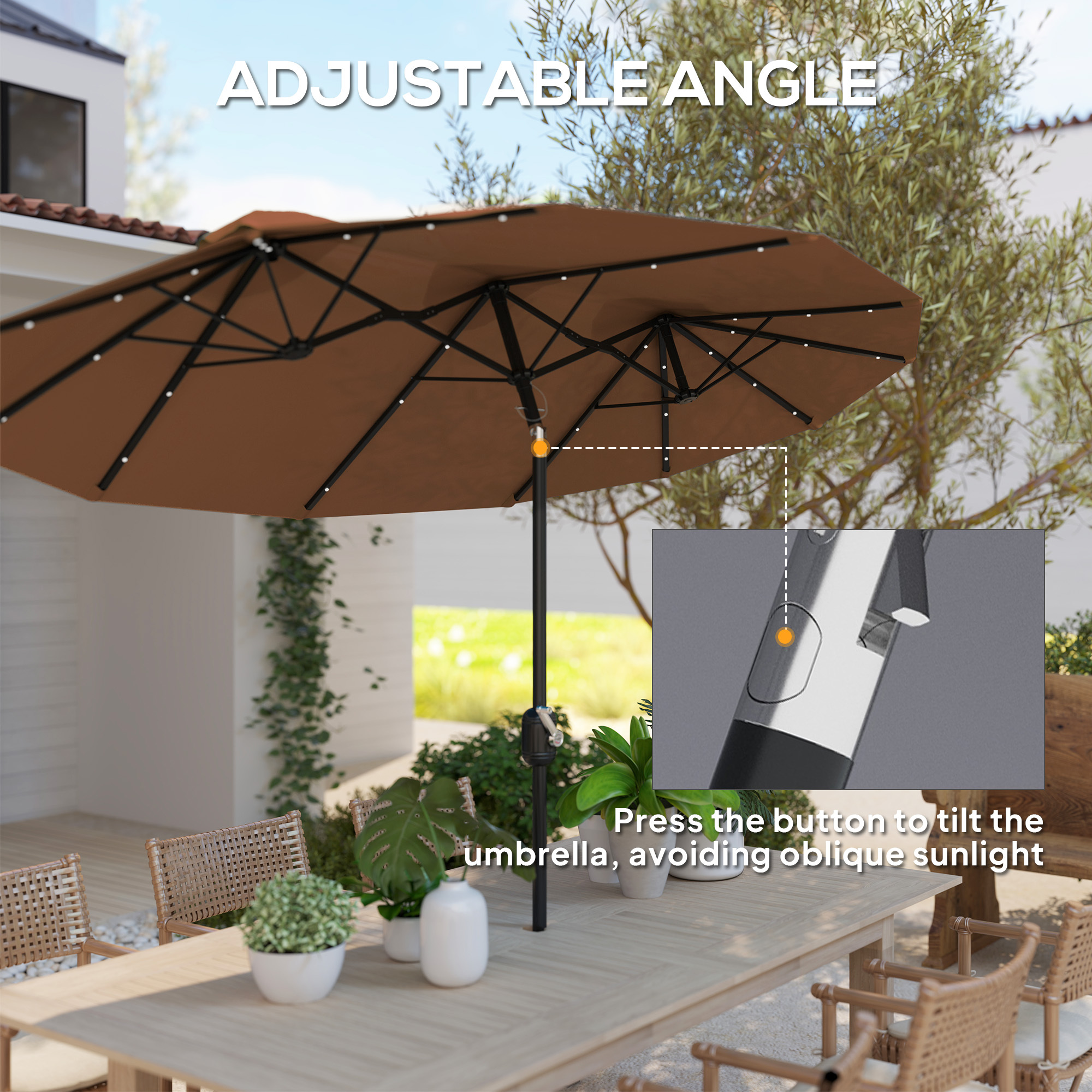 Double-sided Patio Umbrella, 9.7 Ft. Outdoor Umbrella With 45-Degree Tilt And Crank, LED Solar Light And 12 Ribs, Coffee - Image 2