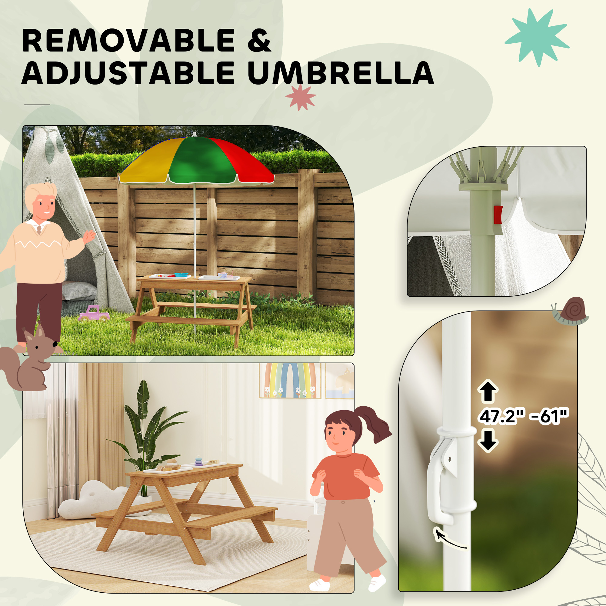 Wooden Outdoor Kids Picnic Table With Removable Umbrella, Children Sand And Water Activity Table For Patio, Mixed Color - Image 4