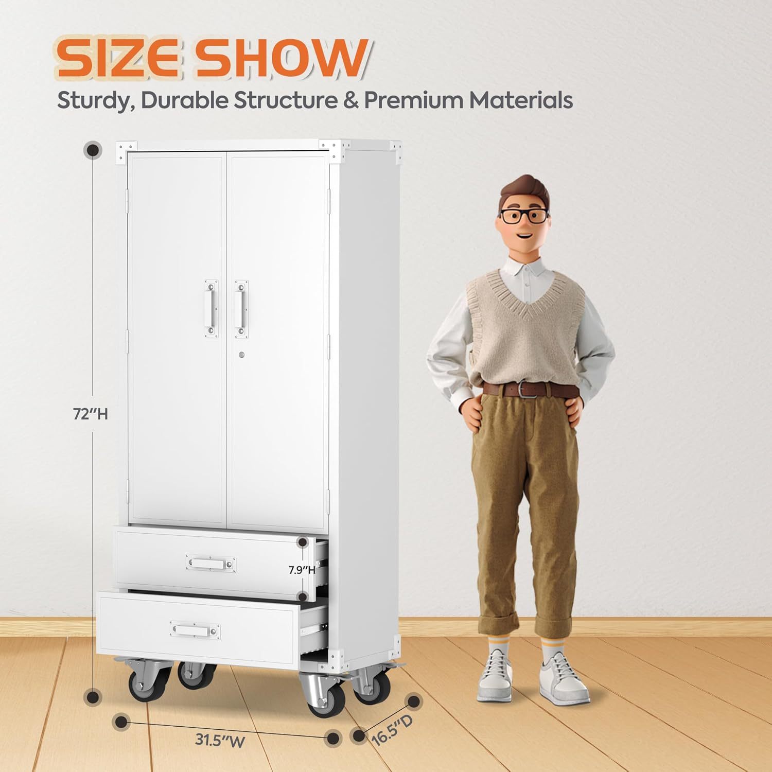 Rolling Storage Cabinet With 2 Doors And 2 Drawers, Metal Storage Cabinet With Doors And Shelves, Locking Steel Cabinet For Warehouse, Home, Office White - Image 7