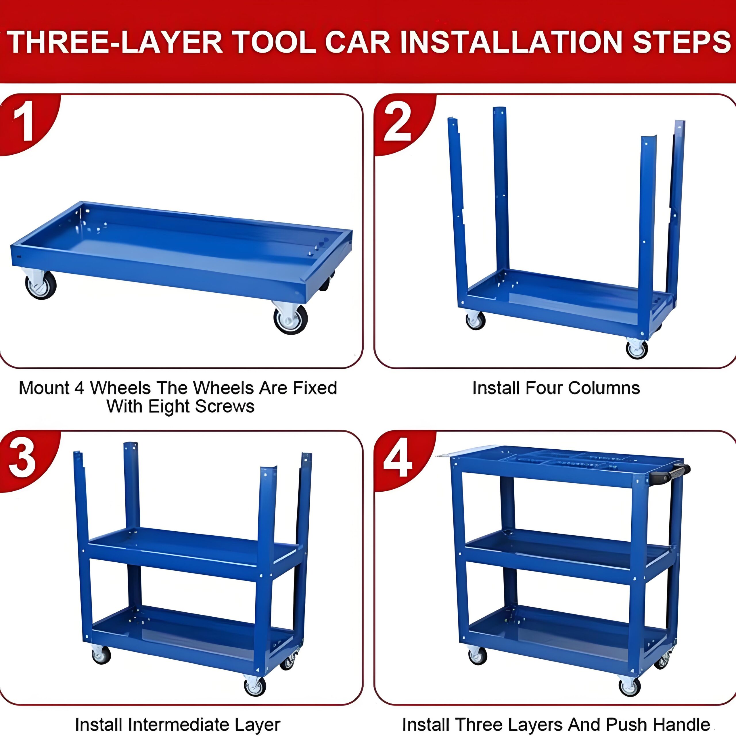 Upgrade 3-Tier Rolling Tool Cart With Lockable Wheels, Heavy Duty Steel Utility Cart, Kitchen Cart Organizer, Workshop Rolling Serving Cart For Garage, Warehouse, Blue - Image 6