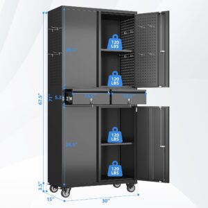 Metal Garage Storage Cabinet With 2 Drawers And 2 Adjustable Shelves, Rolling Tool Storage Cabinet With Wheels And Locking Doors For Garage, Warehouse, Black