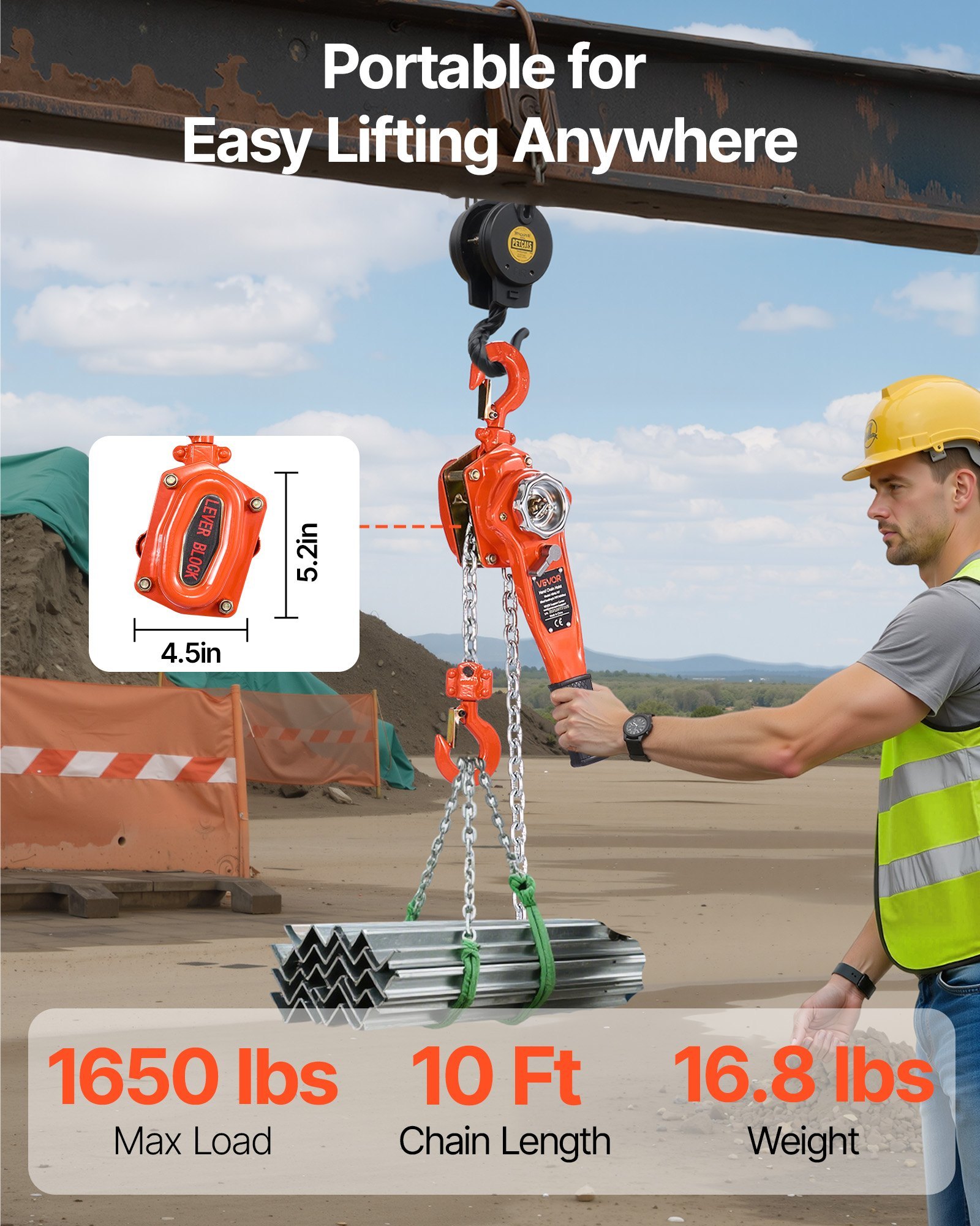 Manual Lever Chain Hoist, 3/4T 1650LBS Capacity Heavy Duty Come Along, 10FT Lift G80 Alloy Steel Chain With Dual Pawl Mechanical Brake,360°Rotating Hooks, For Warehouse Construction Garage - Image 2