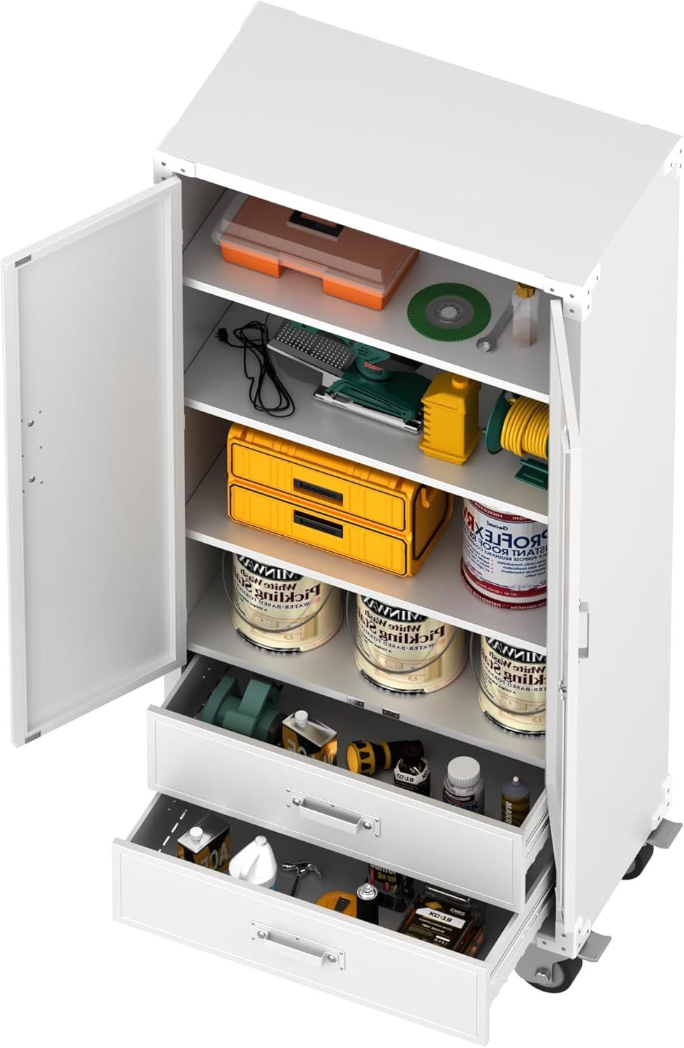 Rolling Storage Cabinet With 2 Doors And 2 Drawers, Metal Storage Cabinet With Doors And Shelves, Locking Steel Cabinet For Warehouse, Home, Office White - Image 2