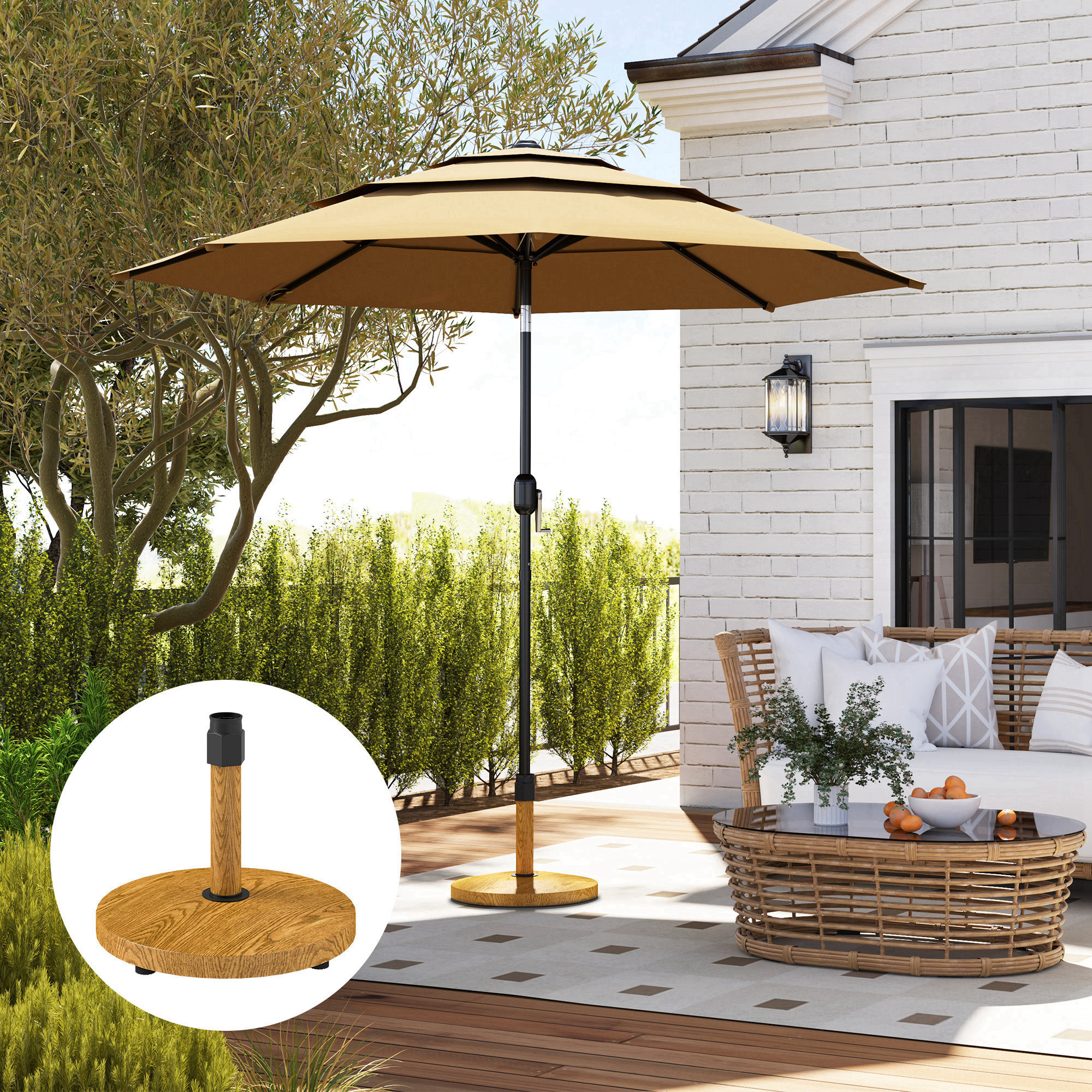 Patio Umbrella Base Holder, Outdoor Umbrella Base With Adjustable Pads, Heavy Duty Patio Umbrella Stand Base For Garden, Poolside, Nature Wood - Image 6