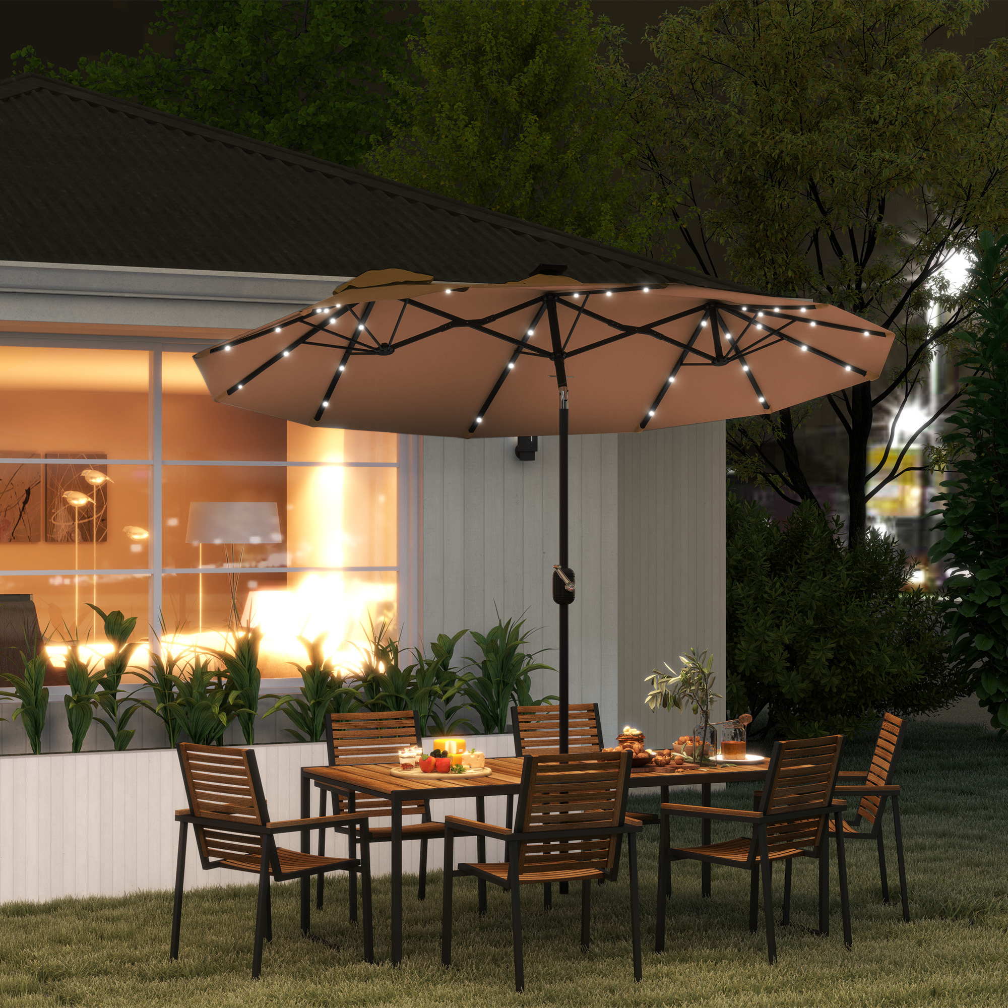 Double-sided Patio Umbrella, 9.7 Ft. Outdoor Umbrella With 45-Degree Tilt And Crank, LED Solar Light And 12 Ribs, Coffee - Image 4