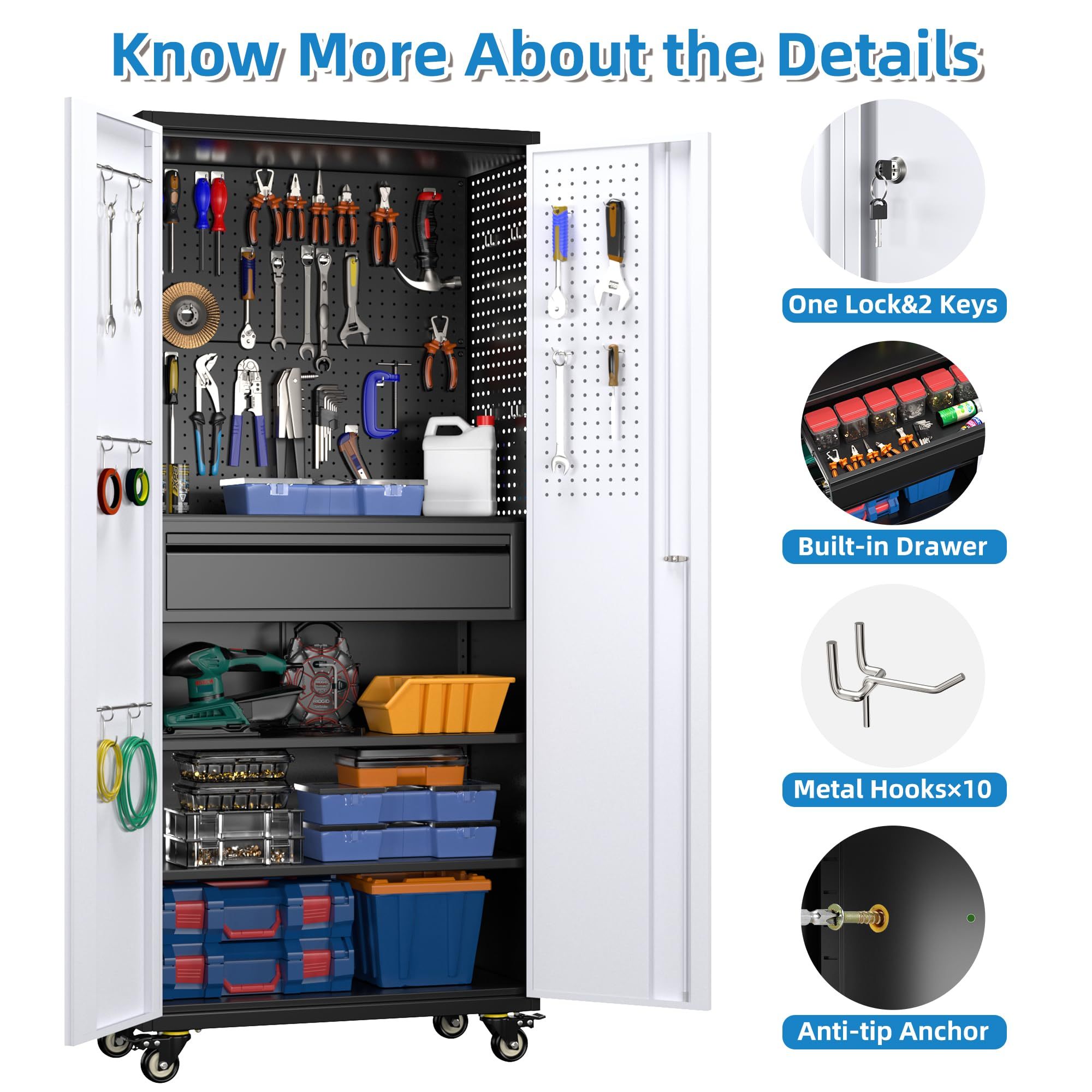 71 Inch High Metal Storage Cabinet On Wheels With 5 Pegboards And 1 Drawer, Lockable Steel Tool Cabinet For Garage, Warehouse, Assembly Required, Black Gray - Image 7