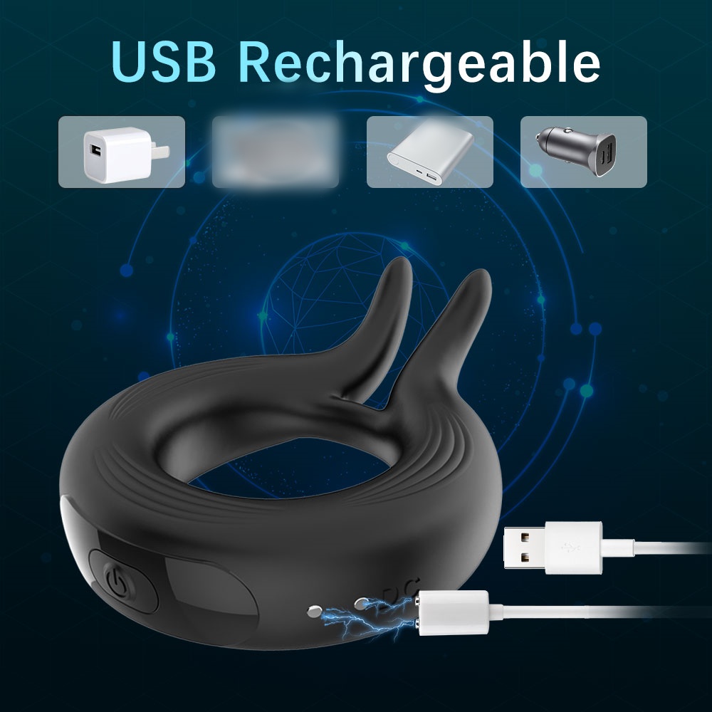 10 Frequency Magnetic Charging Rabbit Ear Cock Ring Silicone Male Vibrating Penis- Ring Adult- Products Masturbation- Device - Image 2