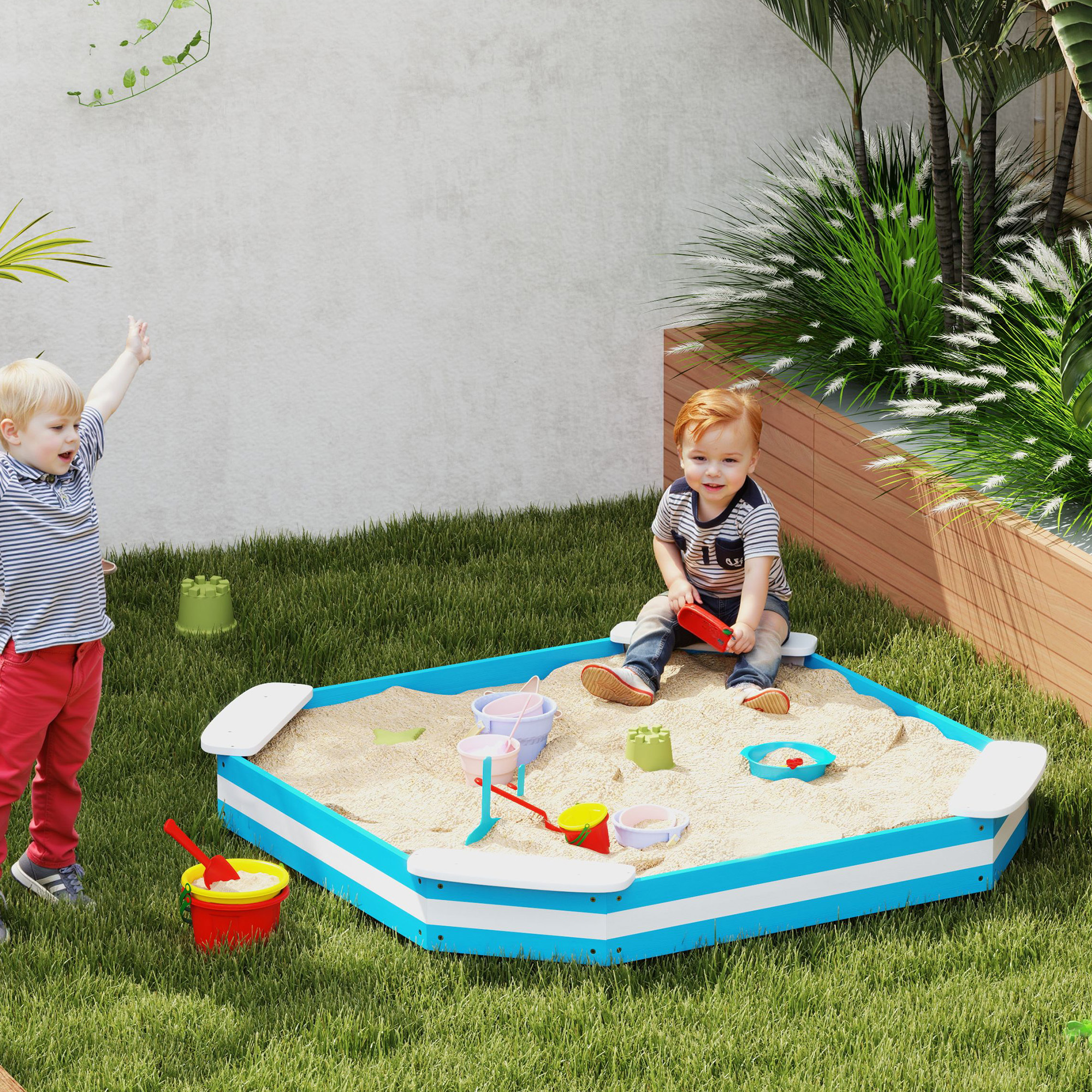 Kids Sandbox With 4 Corner Seats, Bottom Liner For Backyard, Garden, Outdoor, 52 X 52 X 6, Blue - Image 3