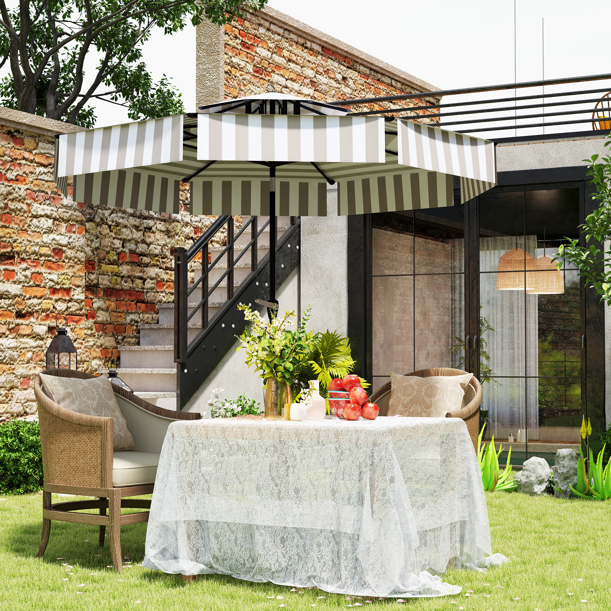 8.6FT Patio Umbrella, Outdoor Market Umbrella, 2-Tier Vented Patio Table Umbrella With Crank 8 Ribs, Tiltable Porch Umbrella For Garden Deck Poolside, Light Gray - Image 5