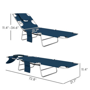 Folding Outdoor Chaise Lounge Sun Tanning Chair With Face Cavity, Pillow, 5-level Adjustable For Beach, Pool, Dark Blue