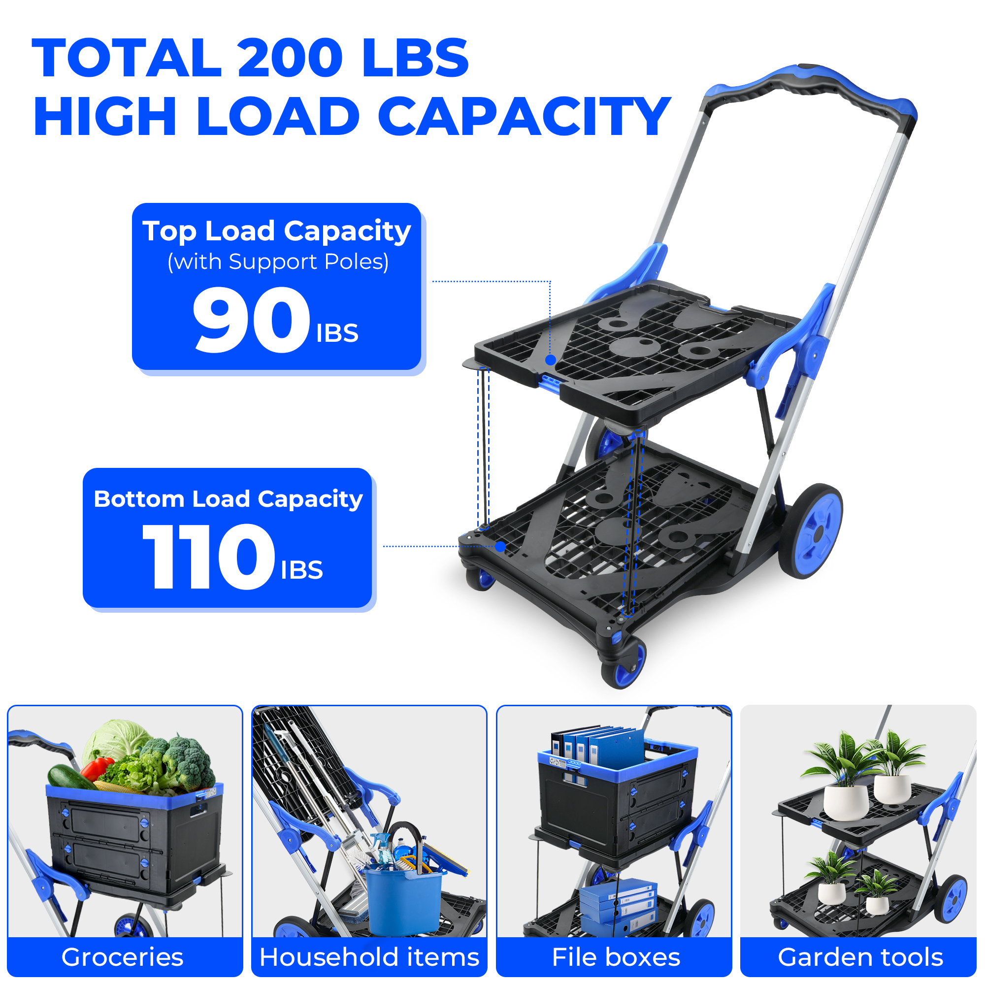 Multi-Use 2-Tier Collapsible Cart With Storage Crate - Foldable Shopping Trolley For Grocery, Warehouse & Supermarket - Image 6