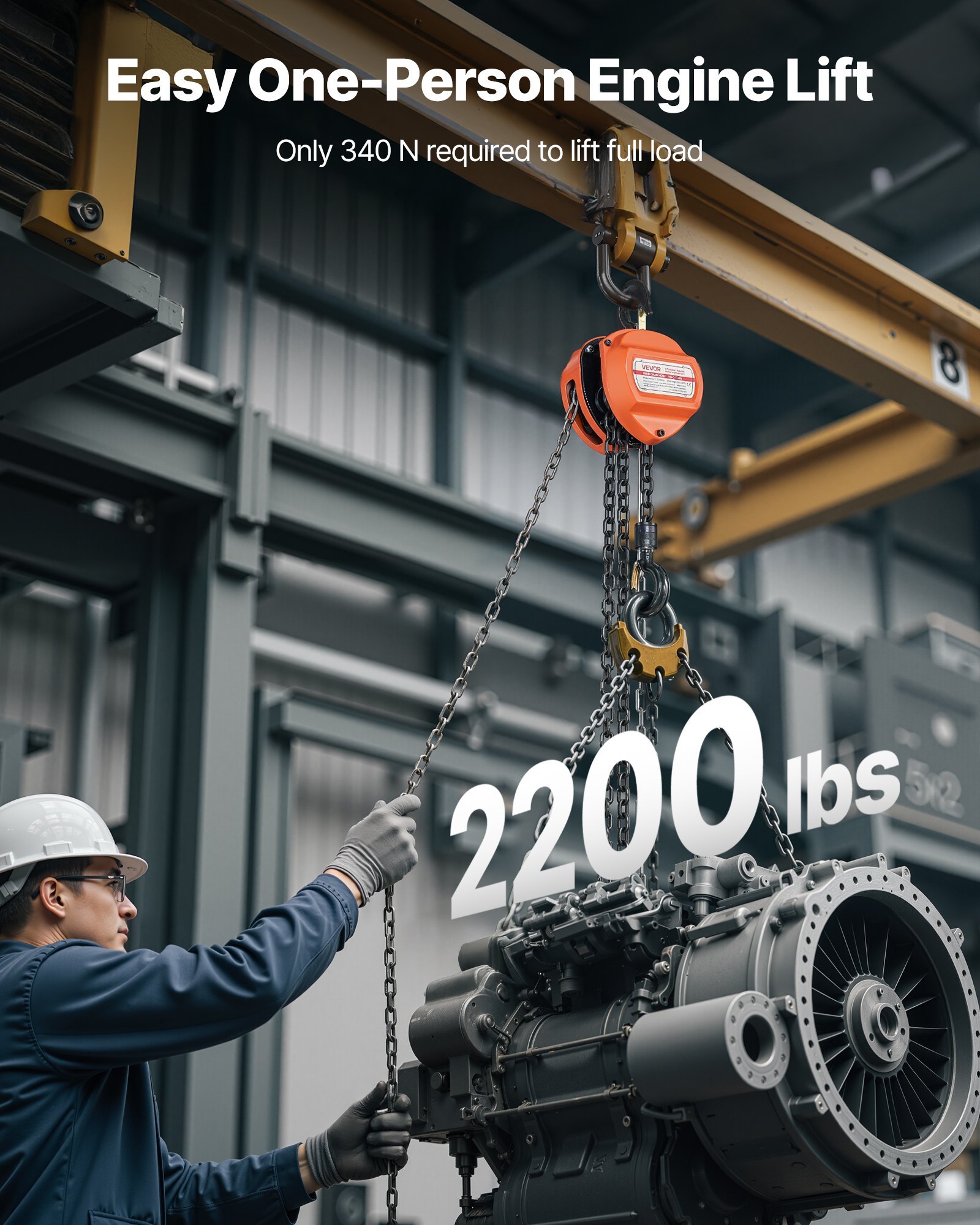 Hand Chain Hoist, 1 Ton 2200 Lbs Capacity, Manual Chain Block With Upgrade G80 Galvanized Chain, 20 Ft Lifting Height, Heavy Duty Pulley Hoist For Garage Warehouse Automotive Machinery, Orange - Image 3
