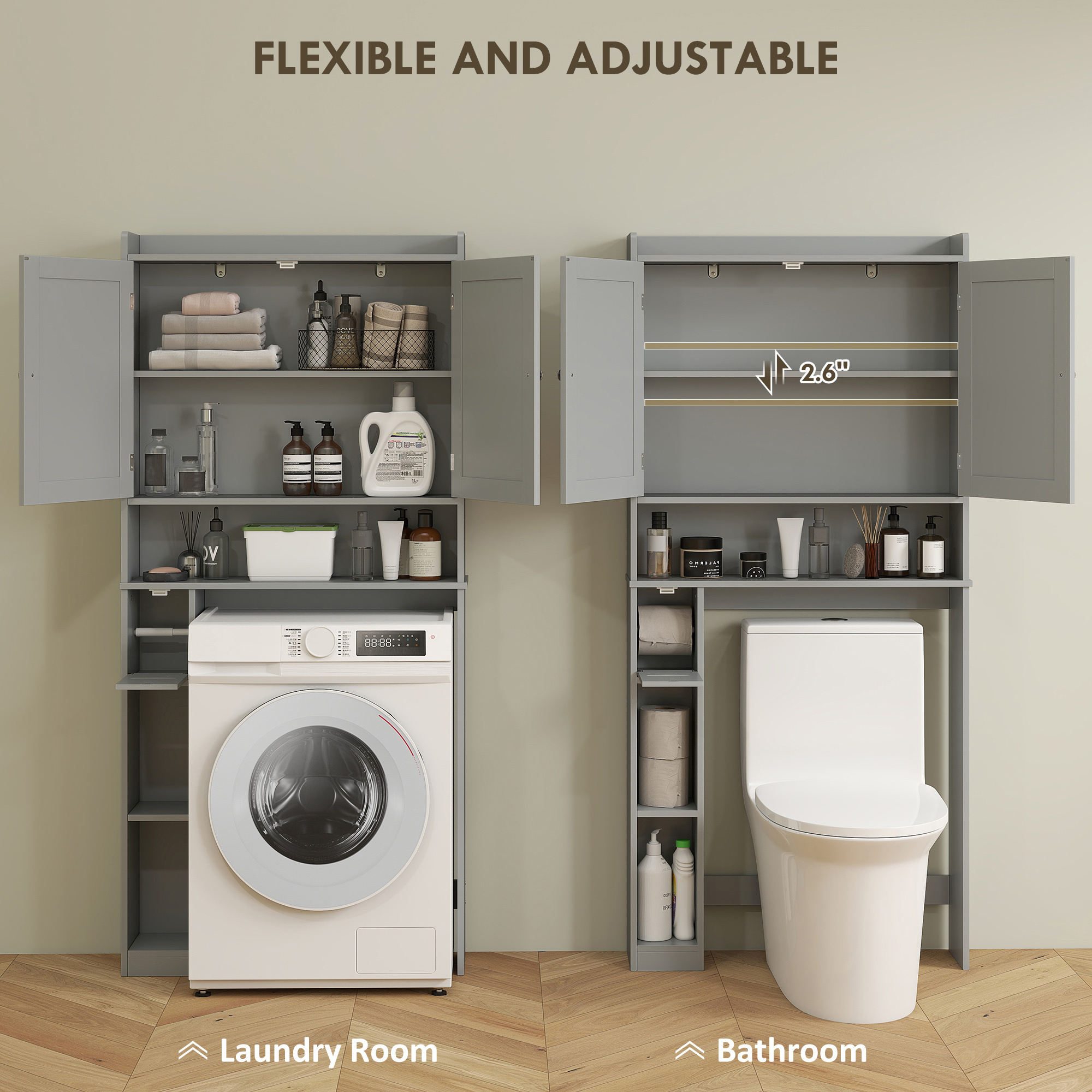 Modern Over The Toilet Storage Cabinet With 2 Doors, Above Commode Storage Cabinet With Toilet Paper Holder, Gray - Image 6