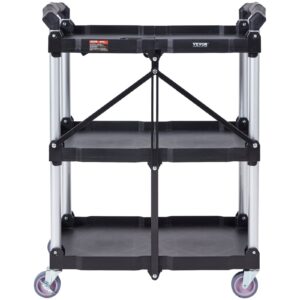 Foldable Utility Service Cart, 3 Shelf 74.8 Kg Heavy Duty Plastic Rolling Cart With Lockable Wheels, Ergonomic Handle, Portable Garage Tool Cart For Warehouse/Office/Home(65.1x39.2x83.2 Cm)