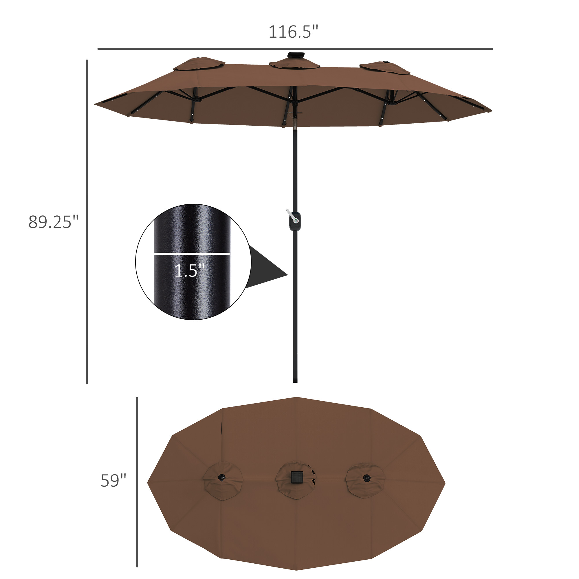 Double-sided Patio Umbrella, 9.7 Ft. Outdoor Umbrella With 45-Degree Tilt And Crank, LED Solar Light And 12 Ribs, Coffee - Image 6