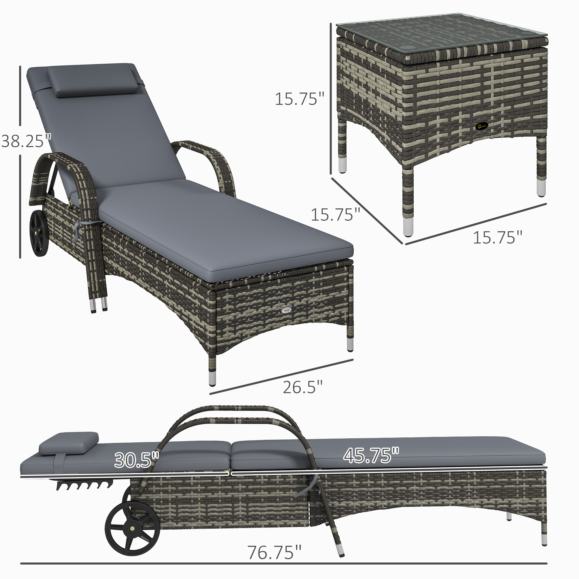Patio Wicker Chaise Lounge Chair Set Of 2 With Table, Adjustable Backrest, Wheels, Cushion & Headrest, Gray - Image 5