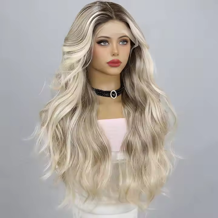 European And American Fashion T-shaped Lace Gold Gradient Wavy Curly Hair Wigs Shipped From Warehouse - Image 5