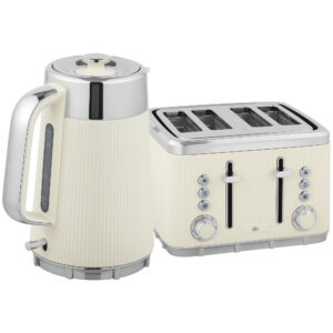 Electric Stainless Steel Kettle And Toaster Set, 3000W 1.7L UK Strix Thermostat Fast Boil Kettle W/ Limescale Filter, Cool Touch Body, 4 Slice Toaster With 7 Browning Levels, Crumb Tray, Cream