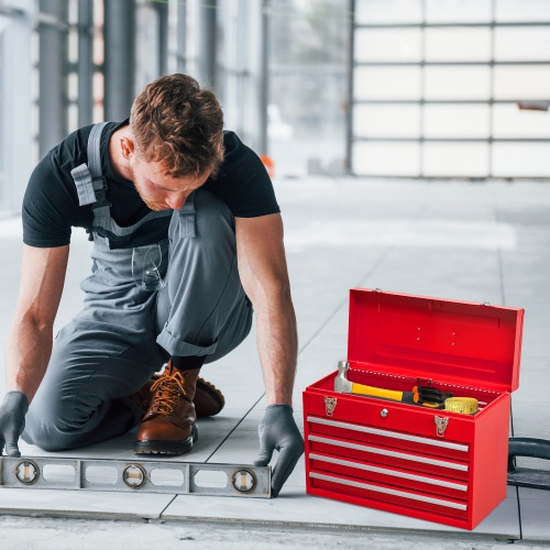 Metal Tool Box With 4 Drawers Portable Steel Tool Chest With Metal Cylinder Lock And Latch Closure, Liner, Powder Coating, Suitable For Garage, Warehouse And Outdoor Repair Job-Black - Image 9