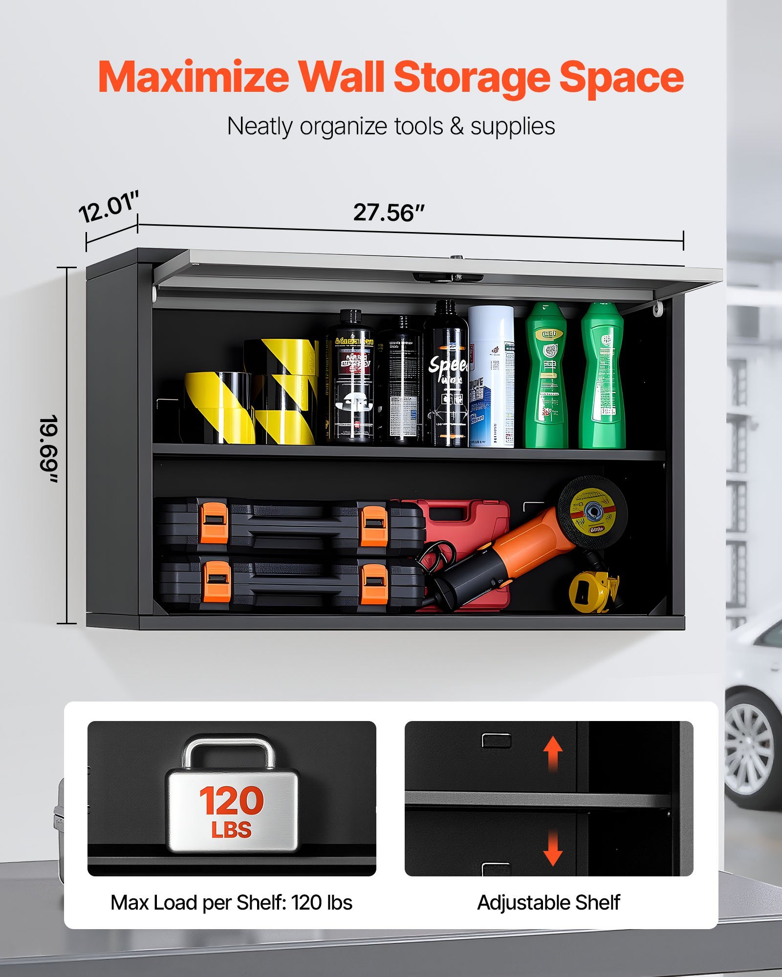 Metal Wall Cabinet, 27.56W X 12.01D X 19.69H Inch, Floating Garage Tool Cabinet With Up-Flip Door And Shelf, 240 Lbs Load Capacity, Fit For Garage, Basement, Kitchen, Warehouse Assembly Required - Image 4
