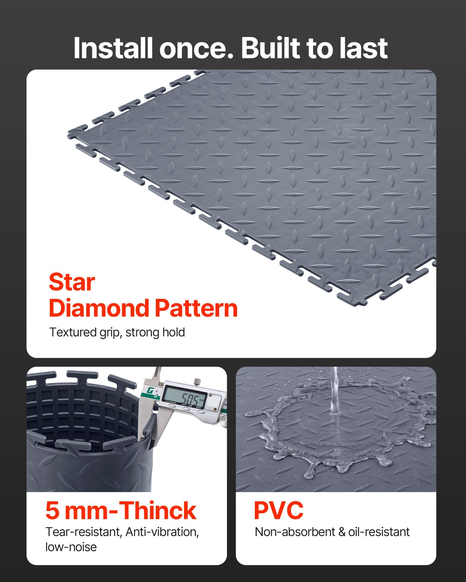 Garage Floor Tiles Interlocking, 8 Pack 20.2 X 20.2 X 0.2 In Interlocking Modular Garage Flooring Tiles, Diamond Plate Slip-Resistant PVC Mats For Workshop,Warehouse,Tool Room, Graphite Gray - Image 4