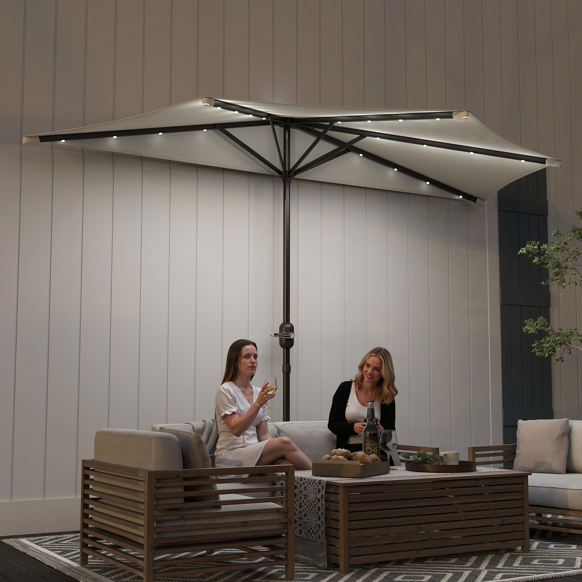 Half Outdoor Patio Umbrella, Small Vented Half Patio Umbrella With Crank 8 Ribs For Balcony Porch Garden Deck Poolside, Cream White - Image 2