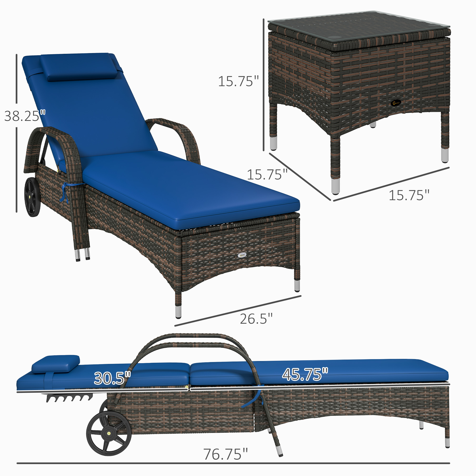 Patio Wicker Chaise Lounge Chair Set Of 2 With Table, Adjustable Backrest, Wheels, Cushion & Headrest, Blue - Image 4