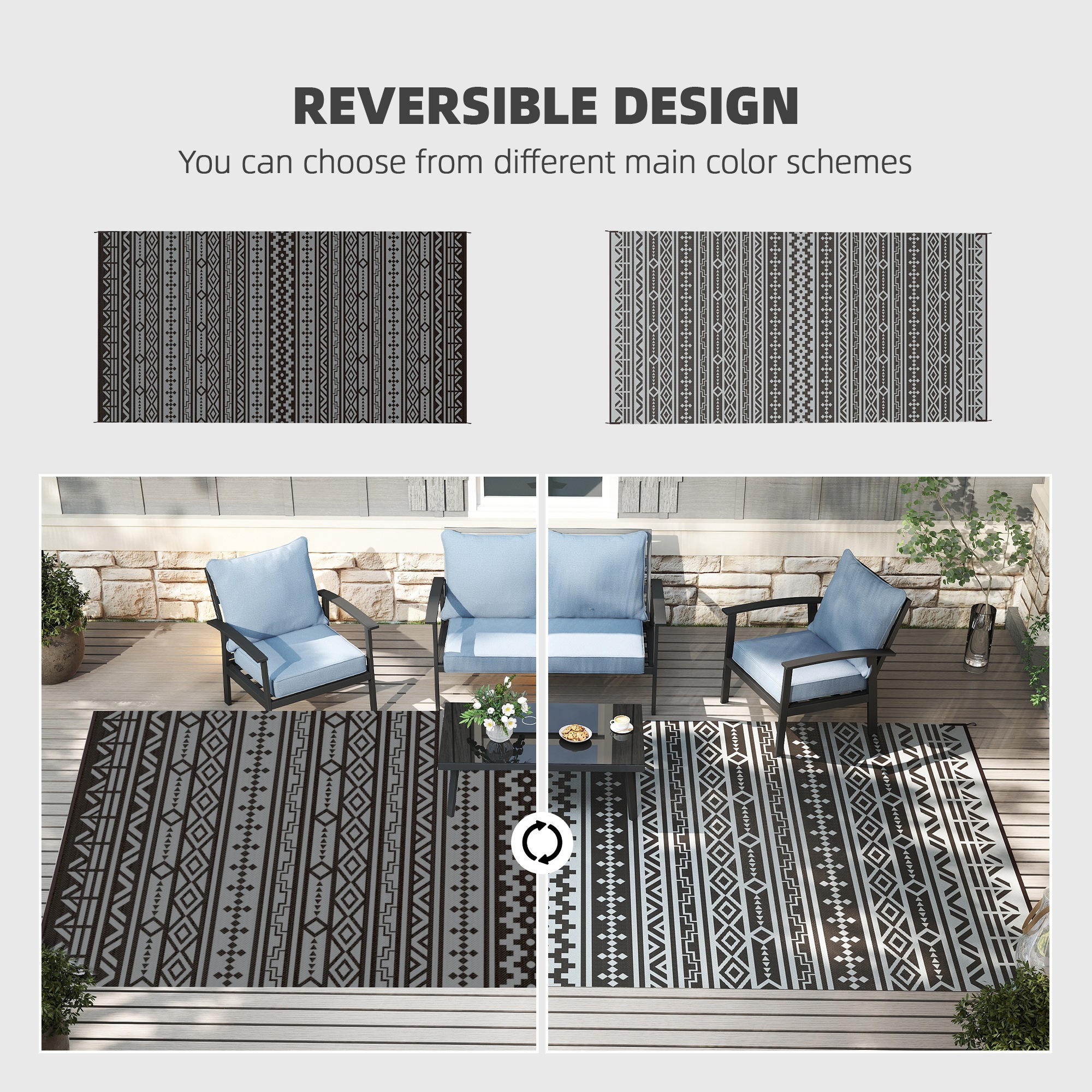 Reversible Outdoor Rug, Waterproof Plastic Straw With Carry Bag, 9 X 18, Black & Gray Geometric Wall - Image 2