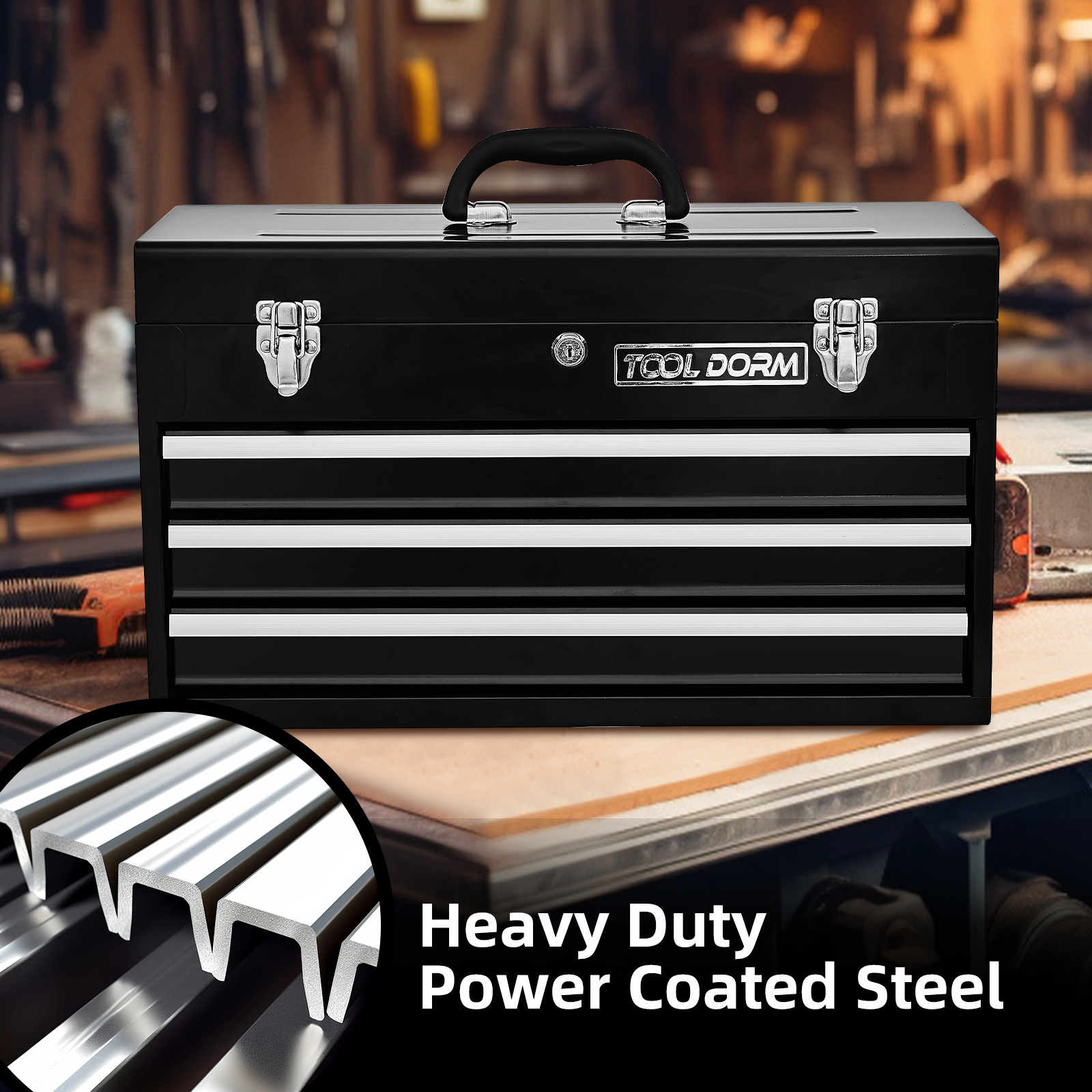 20.3inch Metal Tool Box With 2-4 Drawers Portable Steel Tool Chest With Metal Cylinder Lock And Latch Closure, Black And Red Two Color Powder Coating, Suitable For Garage, Warehouse - Image 4