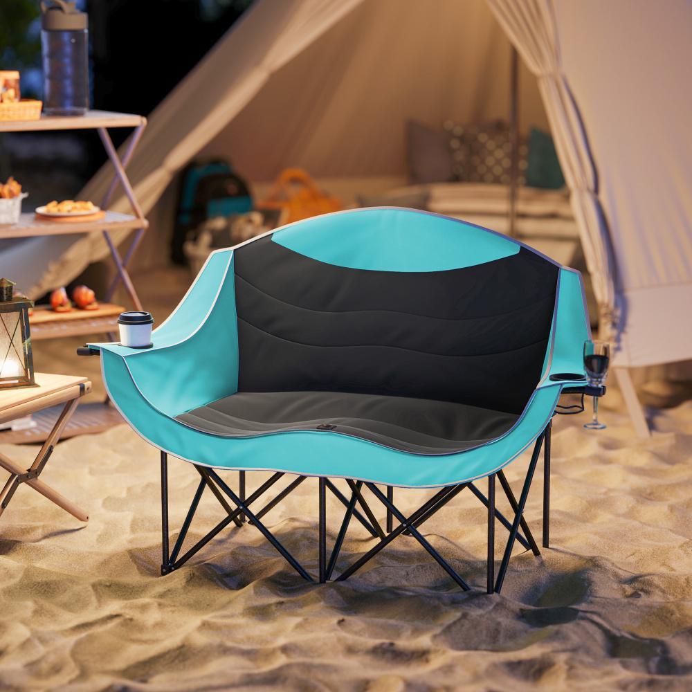 Padded Folding Camp Chair For Adults, Double Camping Chair With Armrests, Cup Holders, Carry Bag For Outdoor, Green - Image 4