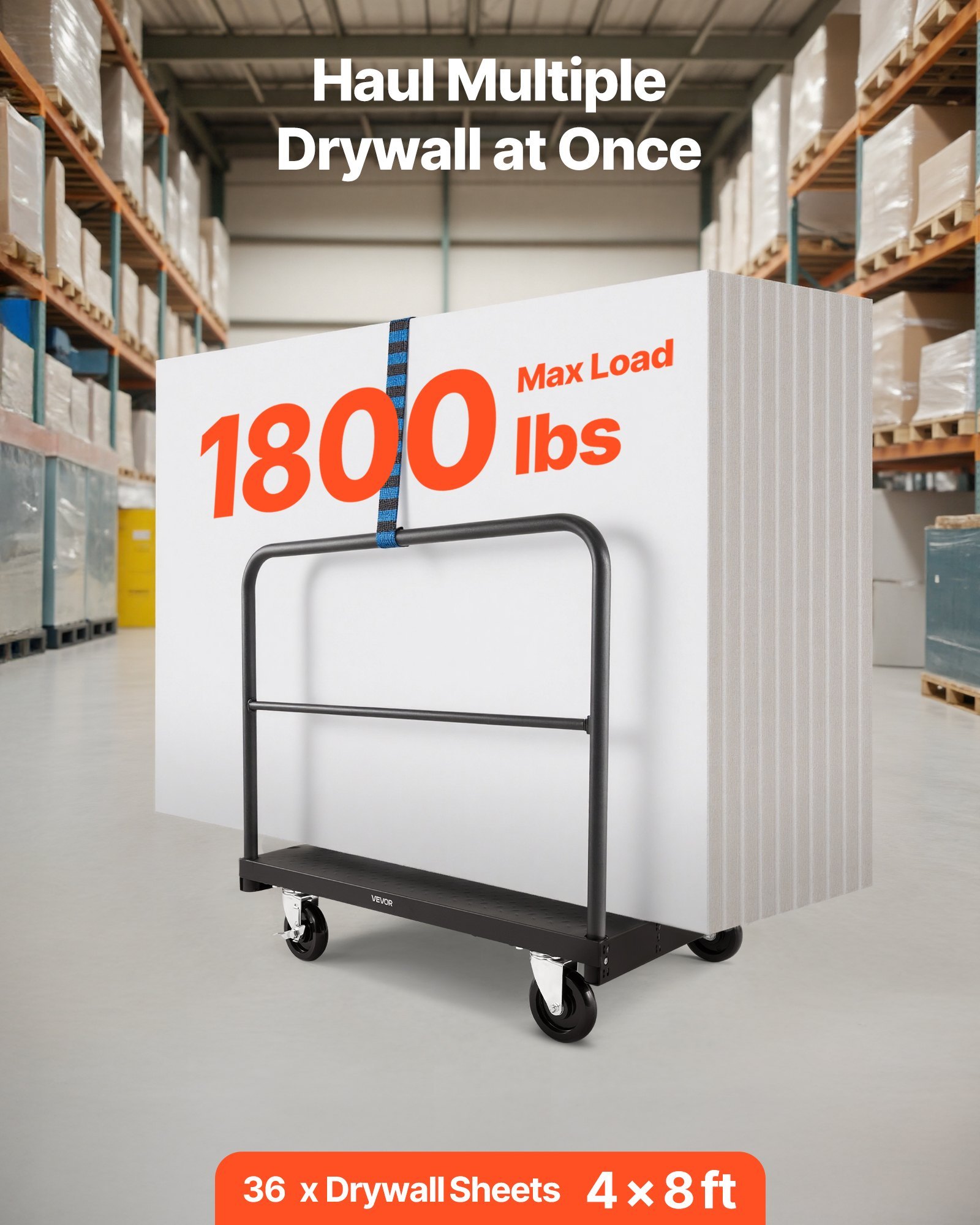 Drywall Cart Dolly, 1800 Lbs Load Capacity, 2-in-1 Steel Panel Truck Cart With 5 Inch Swivel Casters, 36 X 24 Inch Platform Truck With 3 Side Handrails For Factory, Warehouse, Garage, Black - Image 3
