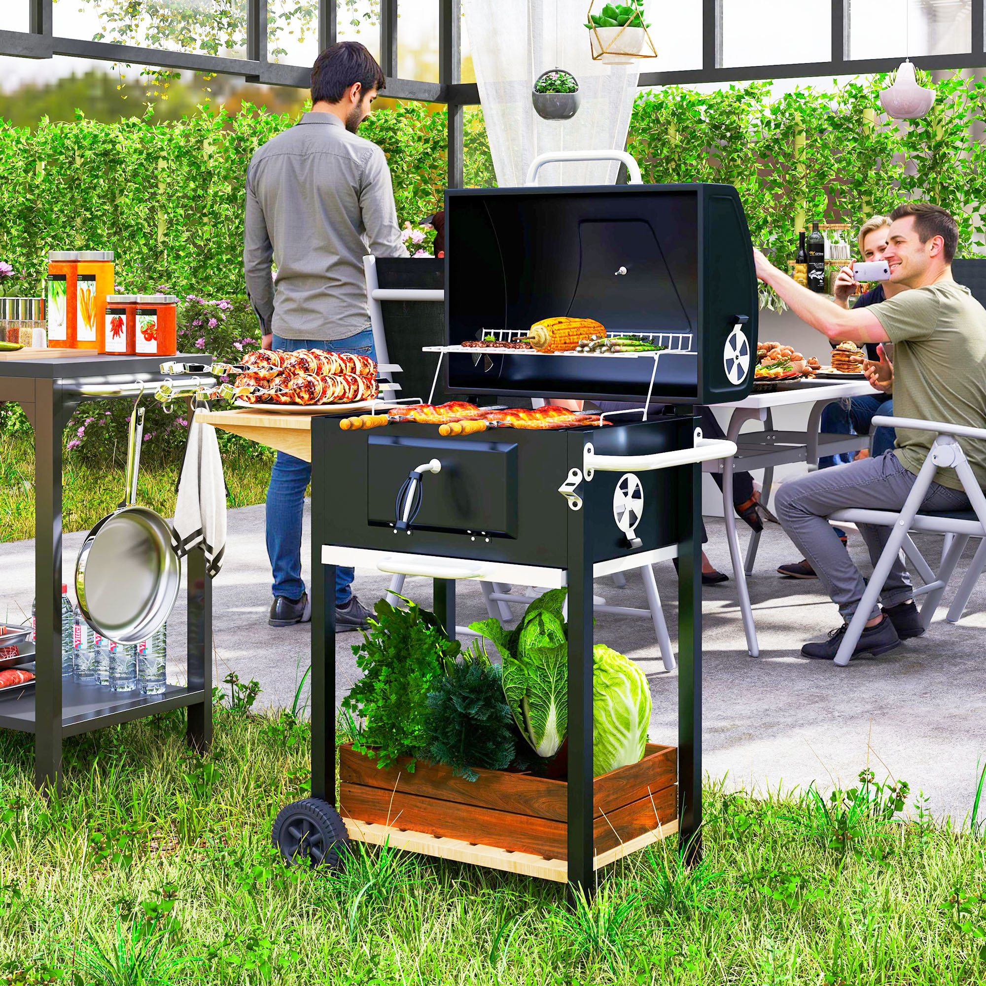 Charcoal BBQ Grill, Outdoor Portable Cooker For Camping Or Backyard Picnic, Barbecue Grill With Side Table, Bottom Storage Shelf, Wheels And Handle, Black - Image 5