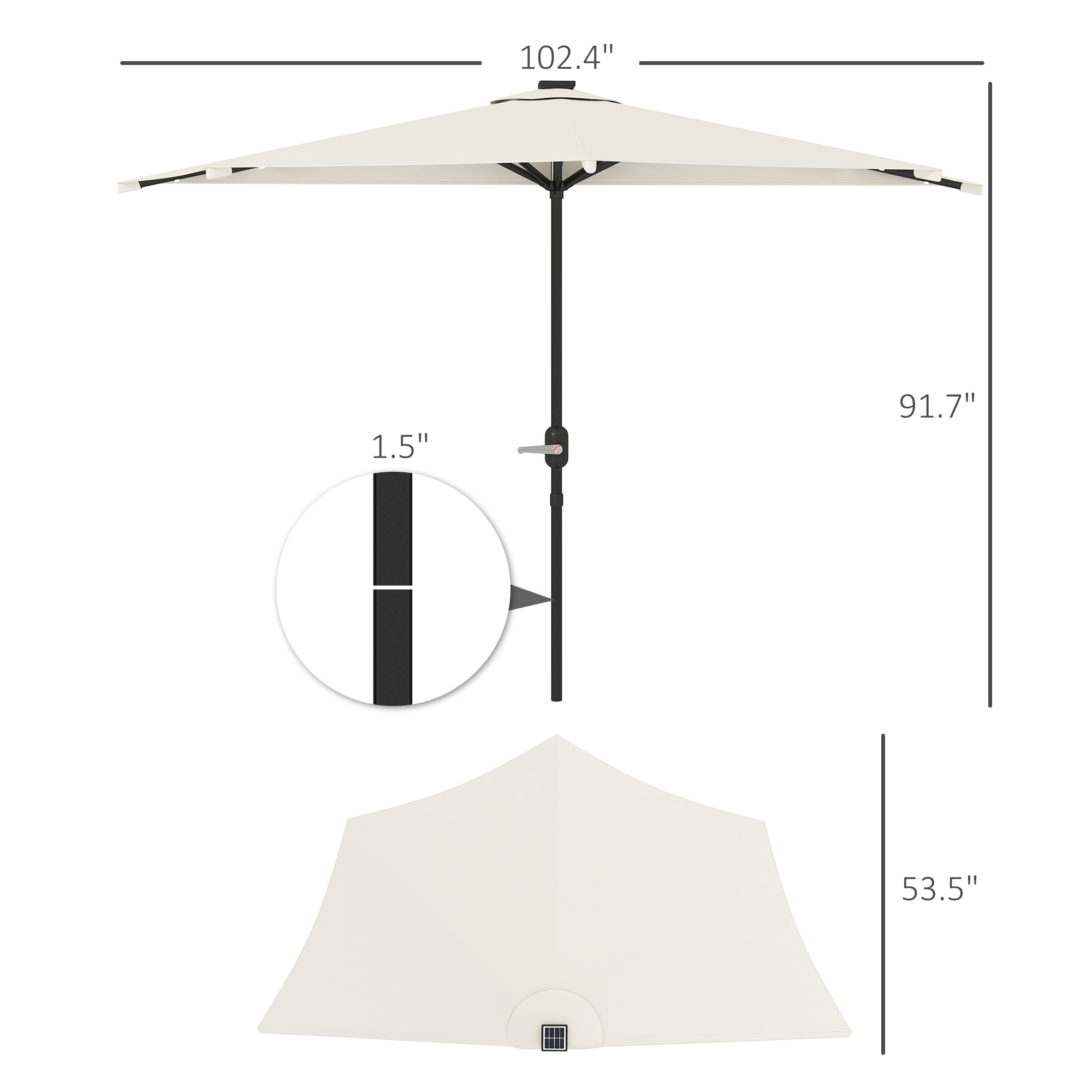 Half Outdoor Patio Umbrella, Small Vented Half Patio Umbrella With Crank 8 Ribs For Balcony Porch Garden Deck Poolside, Cream White - Image 5