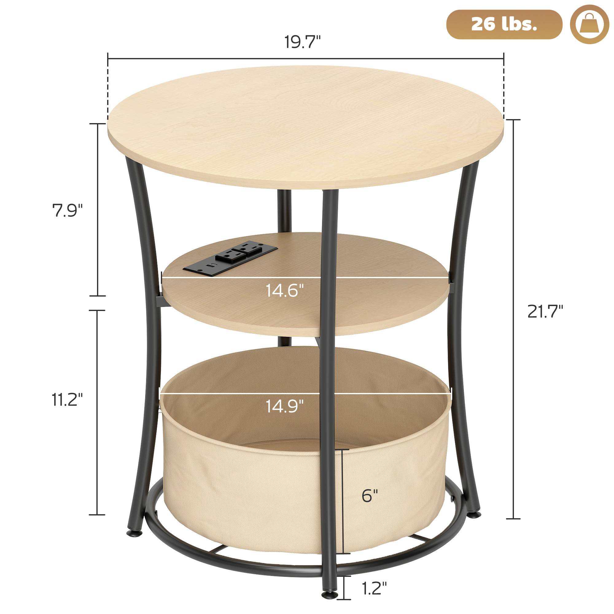 Round Side Table With Charging Station, 3-Tier End Table With Fabric Storage Bag And Shelf, Natural Wood - Image 2